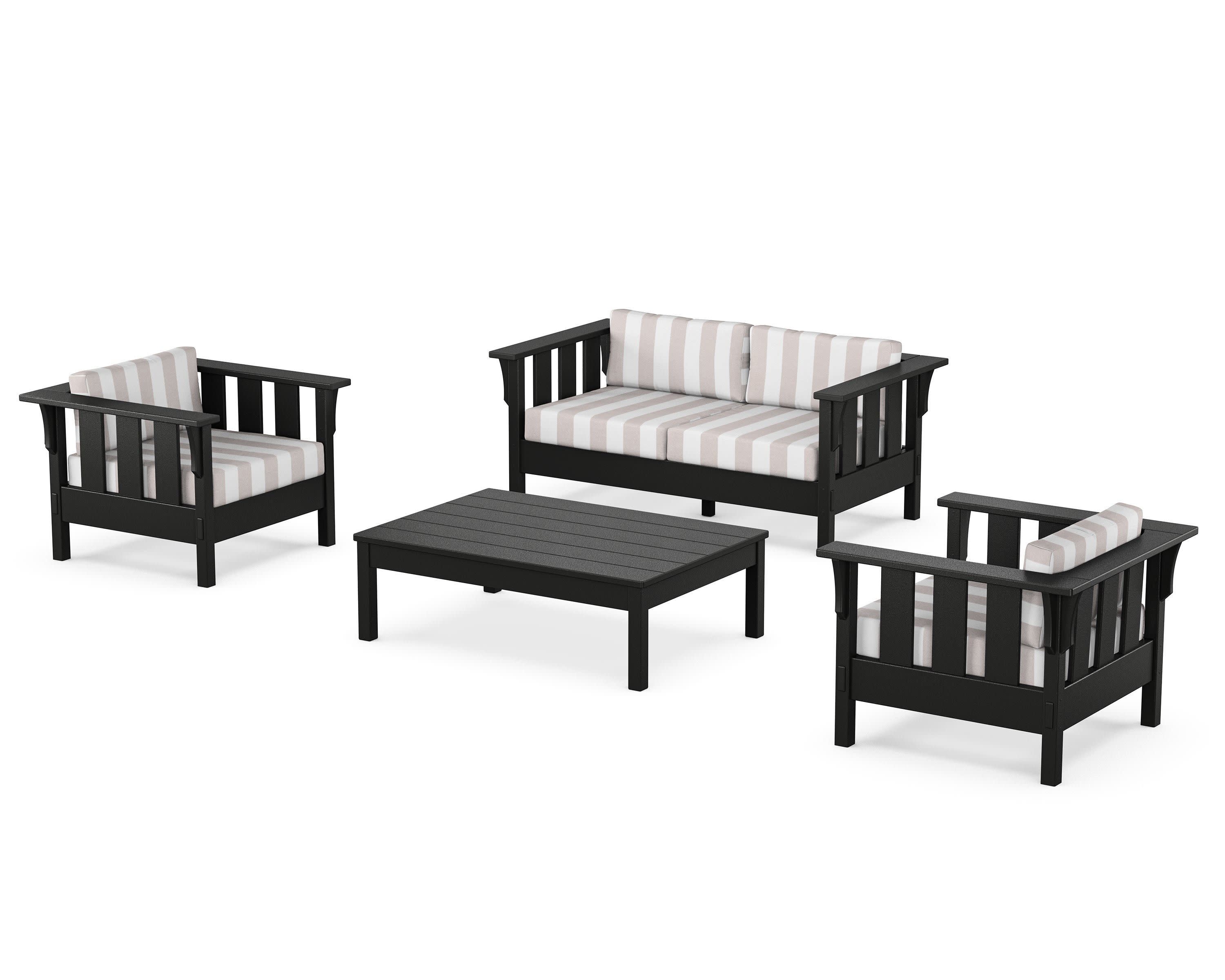 Acadia 4-Piece Deep Seating Set with Loveseat in Black / Cabana Stripe Dune Burlap