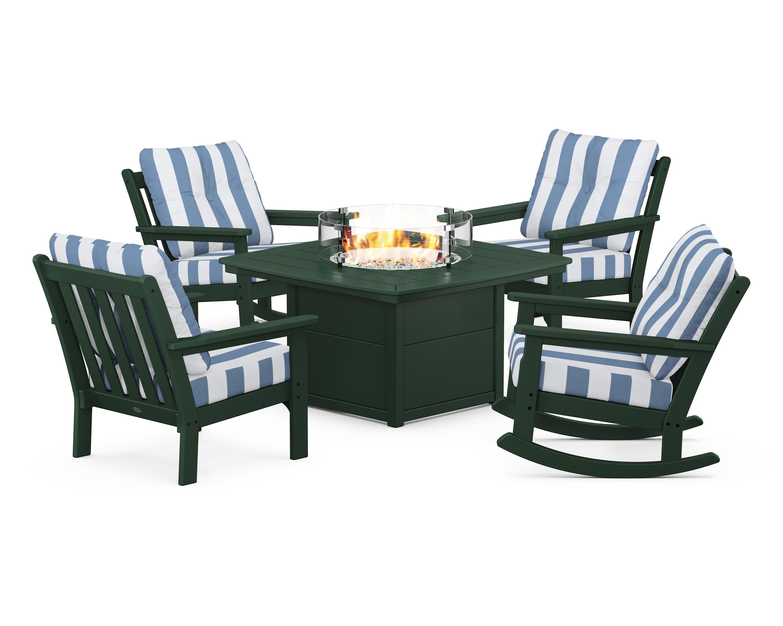 Vineyard 5-Piece Deep Seating Rocking Chair Conversation Set with Fire Pit Table in Green / Cabana Stripe Sky Blue