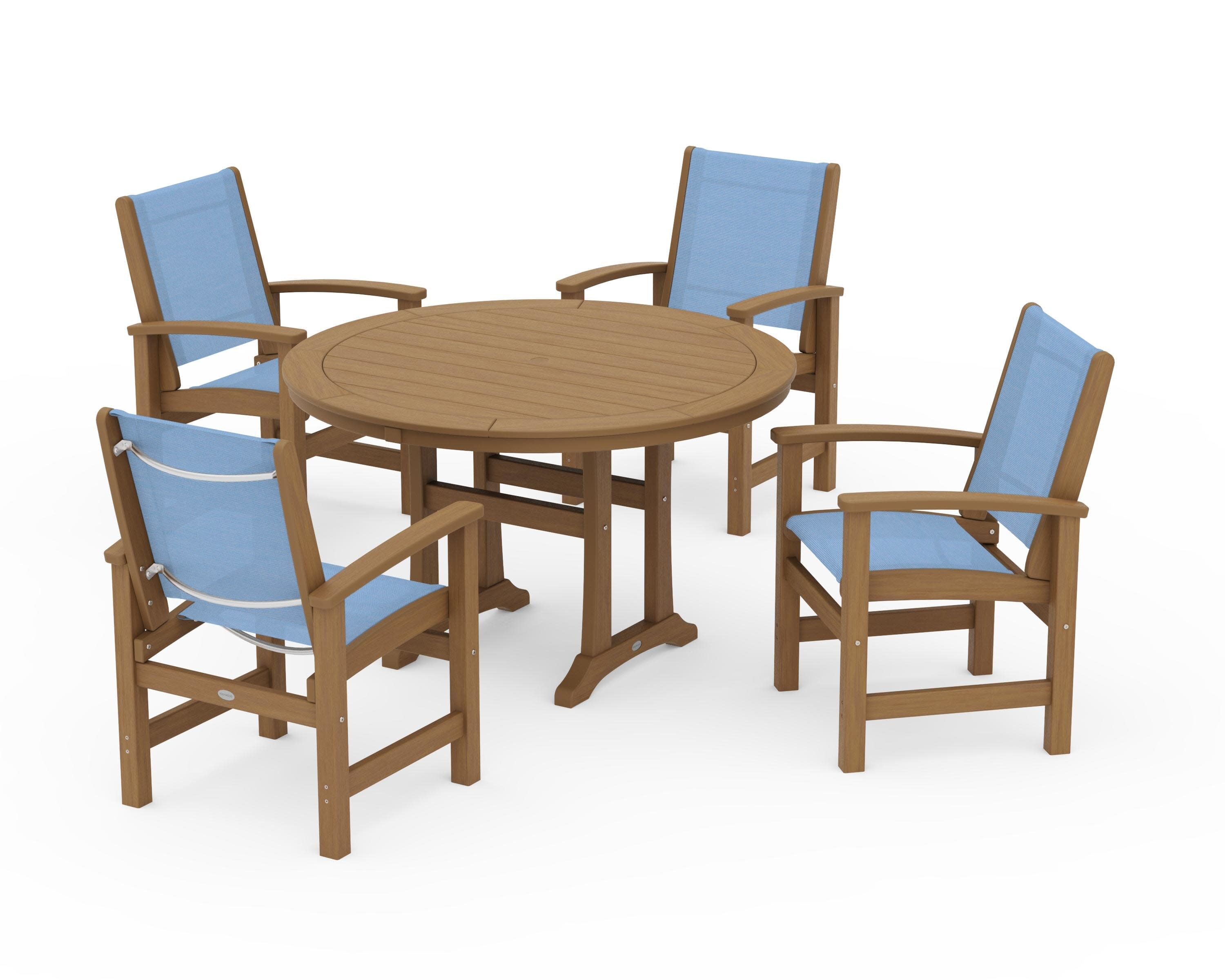 Coastal 5-Piece Round Dining Set with Trestle Legs in Natural / Poolside Sling