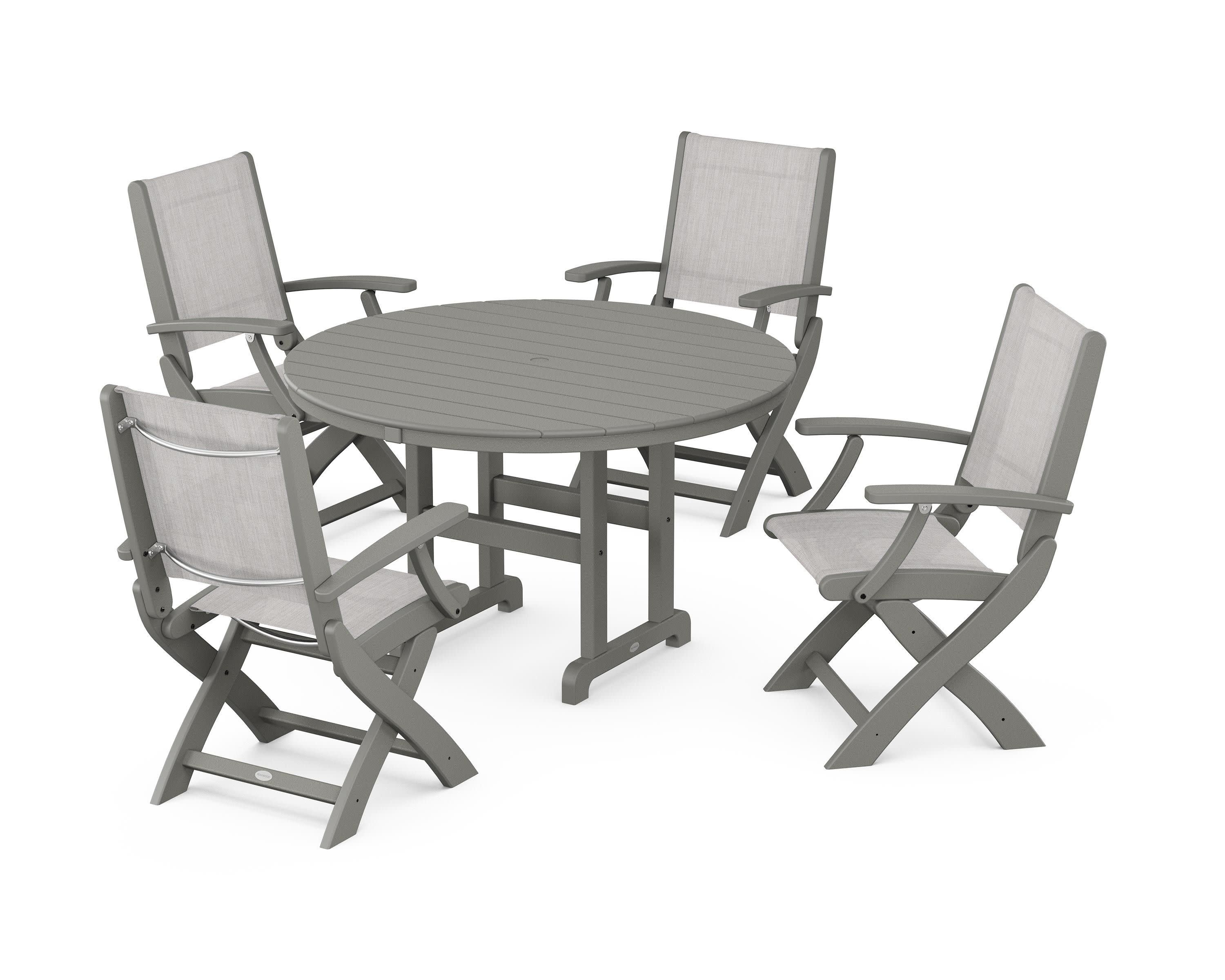 Coastal Folding Chair 5-Piece Round Dining Set in Slate Grey / Parchment Sling