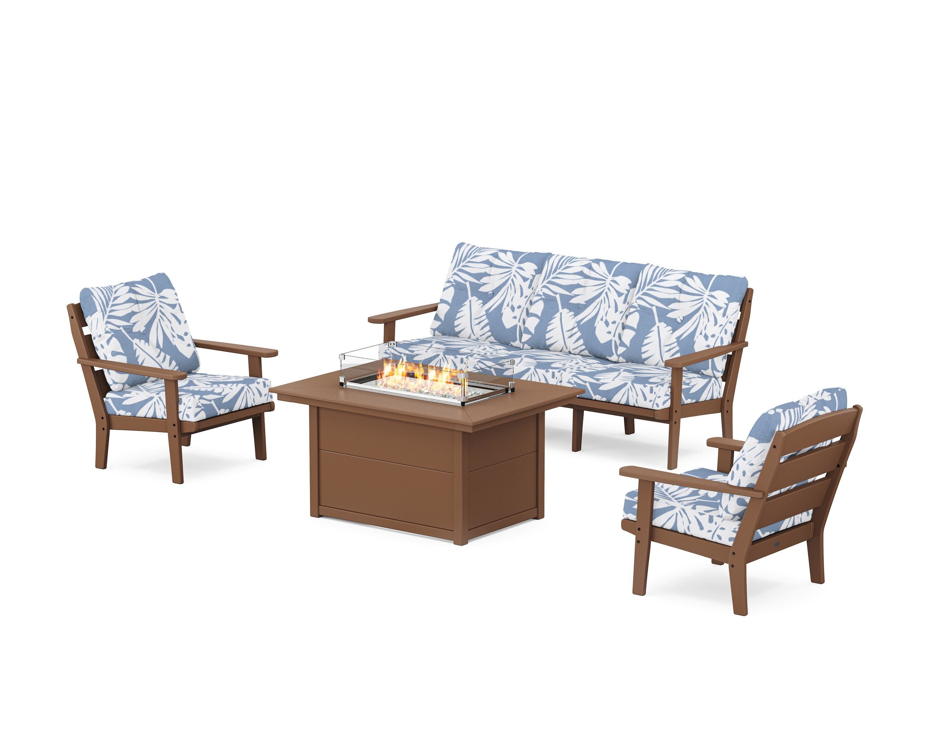 Lakeside Deep Seating Fire Pit Table Set in Teak / Leaf Sky Blue