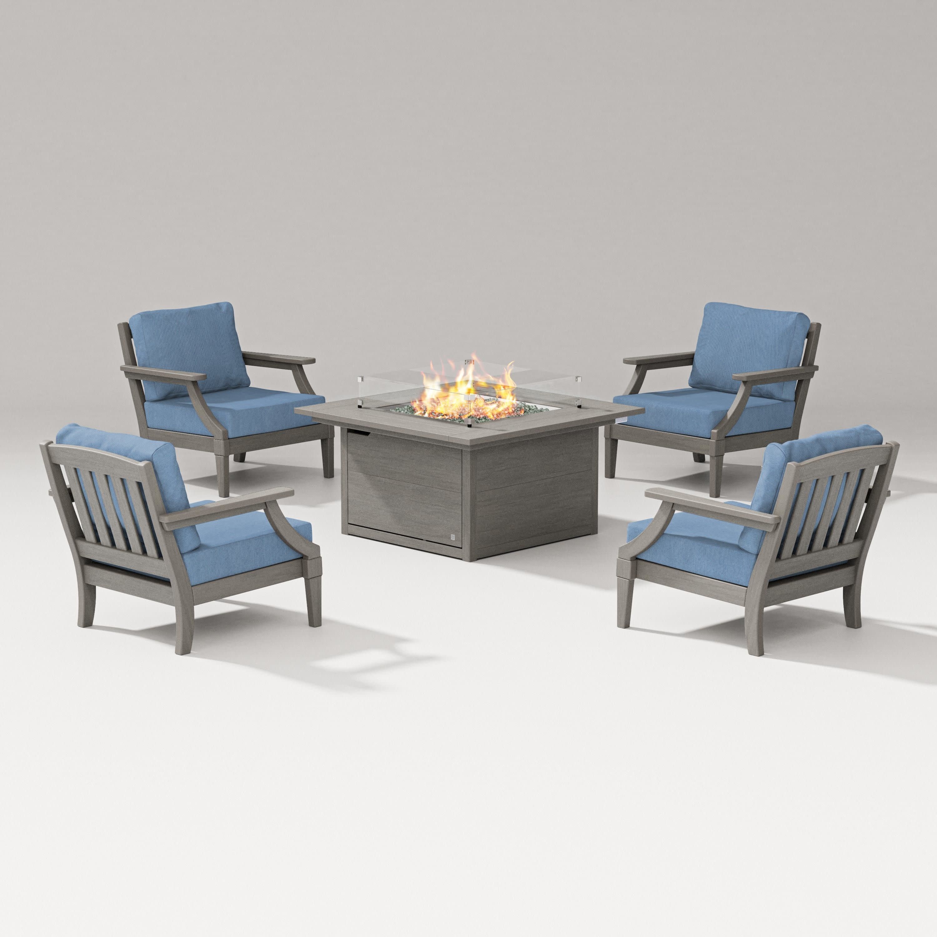 Estate 5-Piece Lounge Fire Table Set in Driftwood / Sky Blue