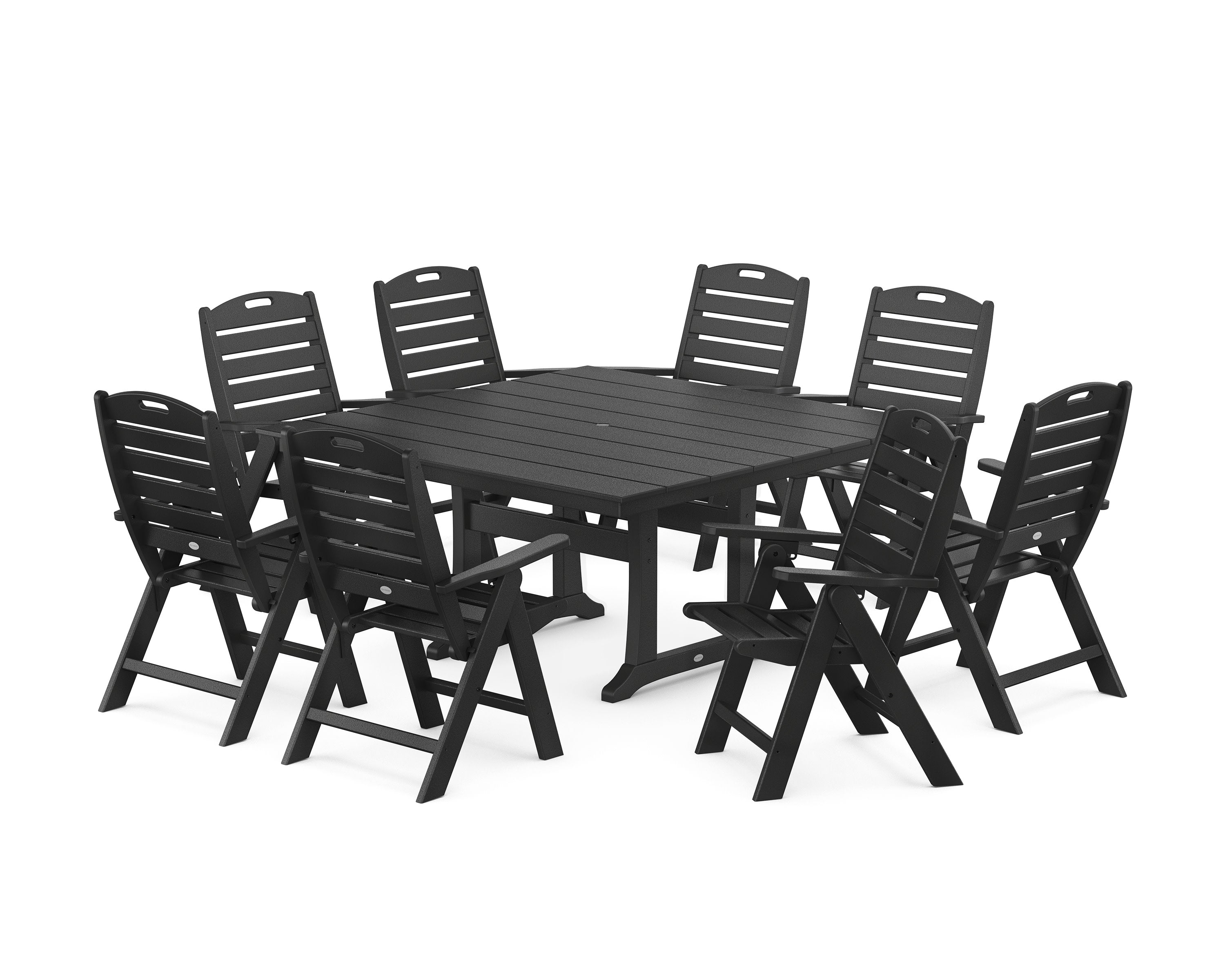 Nautical Highback 9-Piece Square Farmhouse Dining Set with Trestle Legs in Black