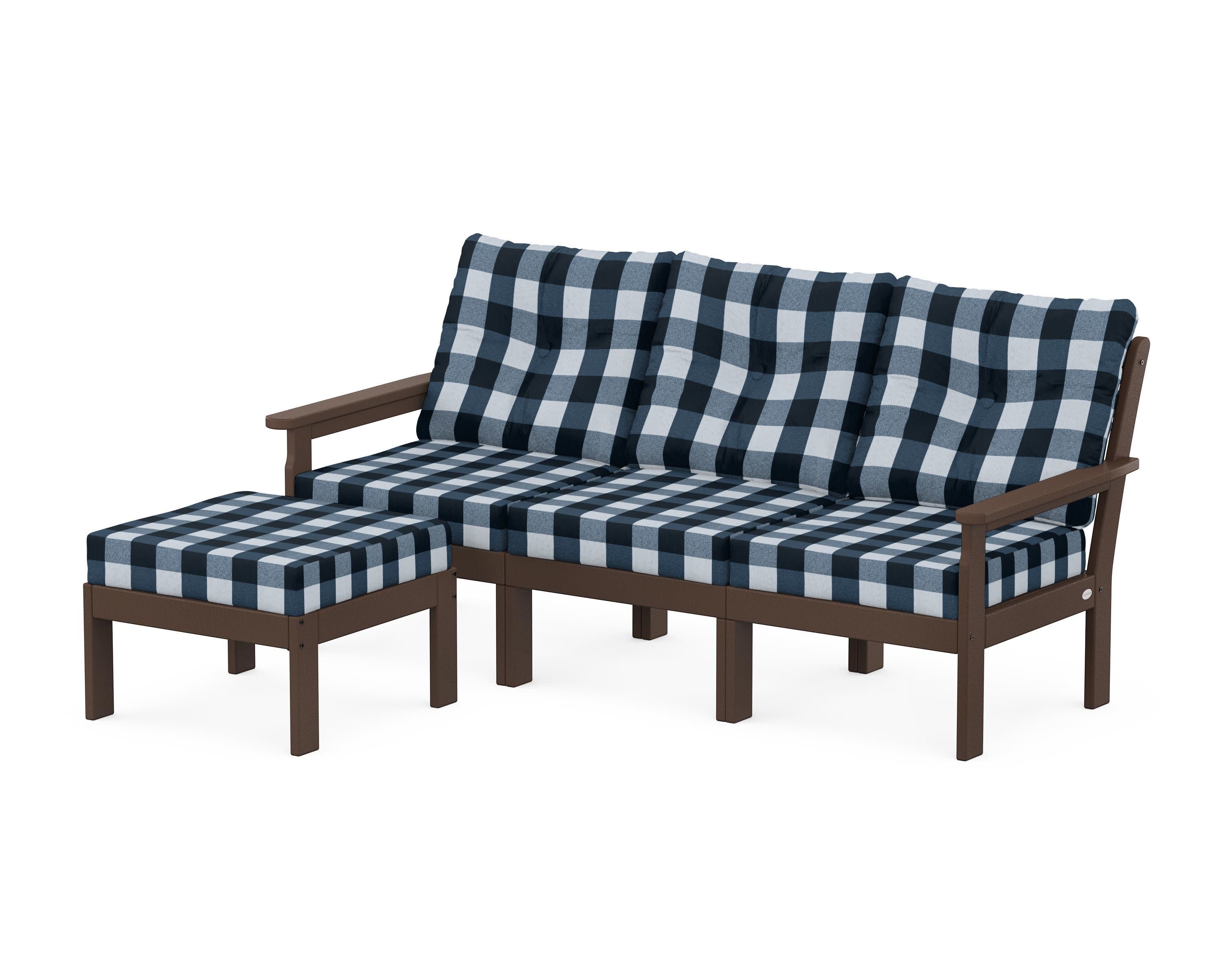 Vineyard 4-Piece Sectional with Ottoman in Mahogany / Buffalo Plaid Marine Indigo