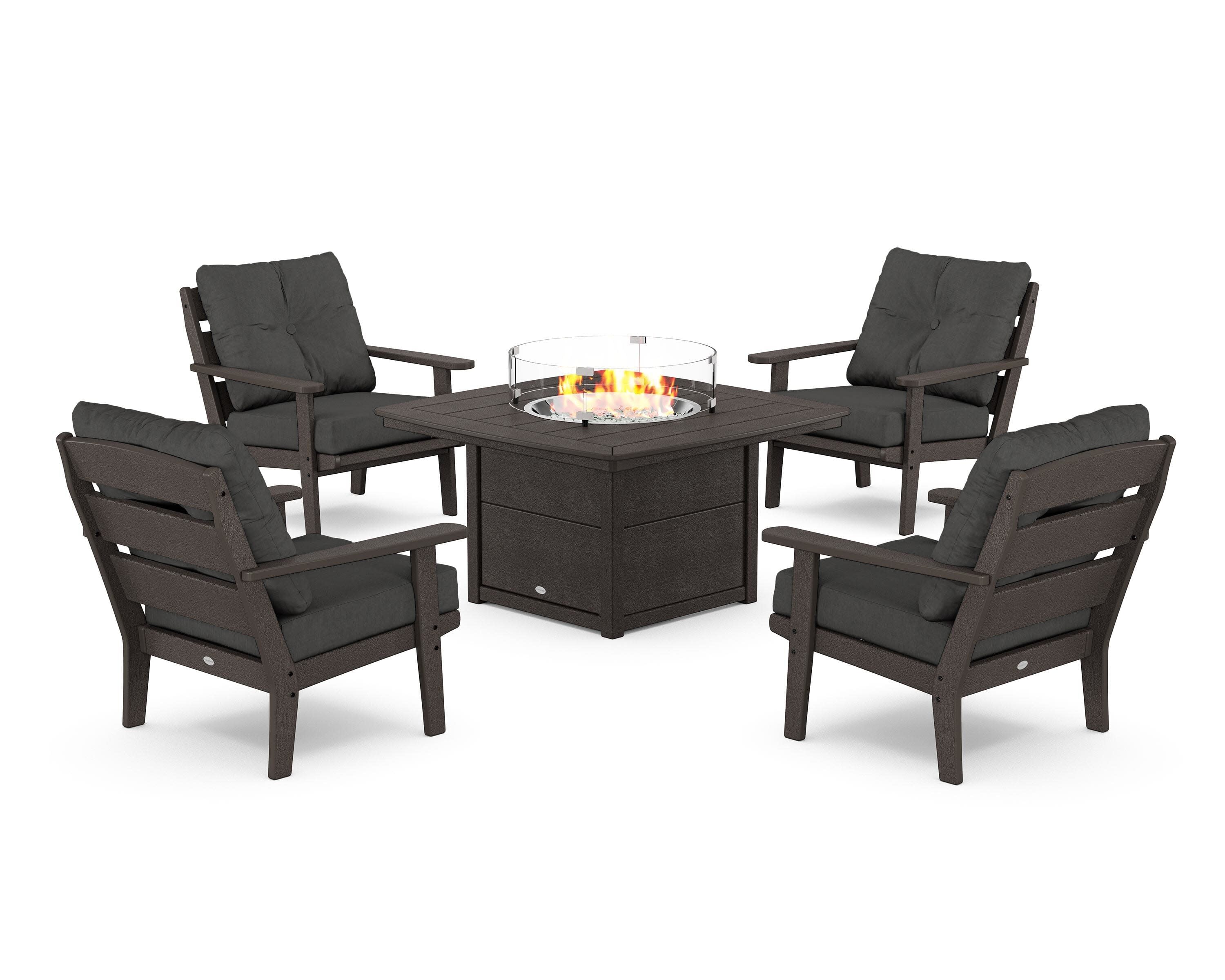 Lakeside 5-Piece Deep Seating Set with Nautical Fire Pit Table in Vintage Coffee / Spectrum Carbon