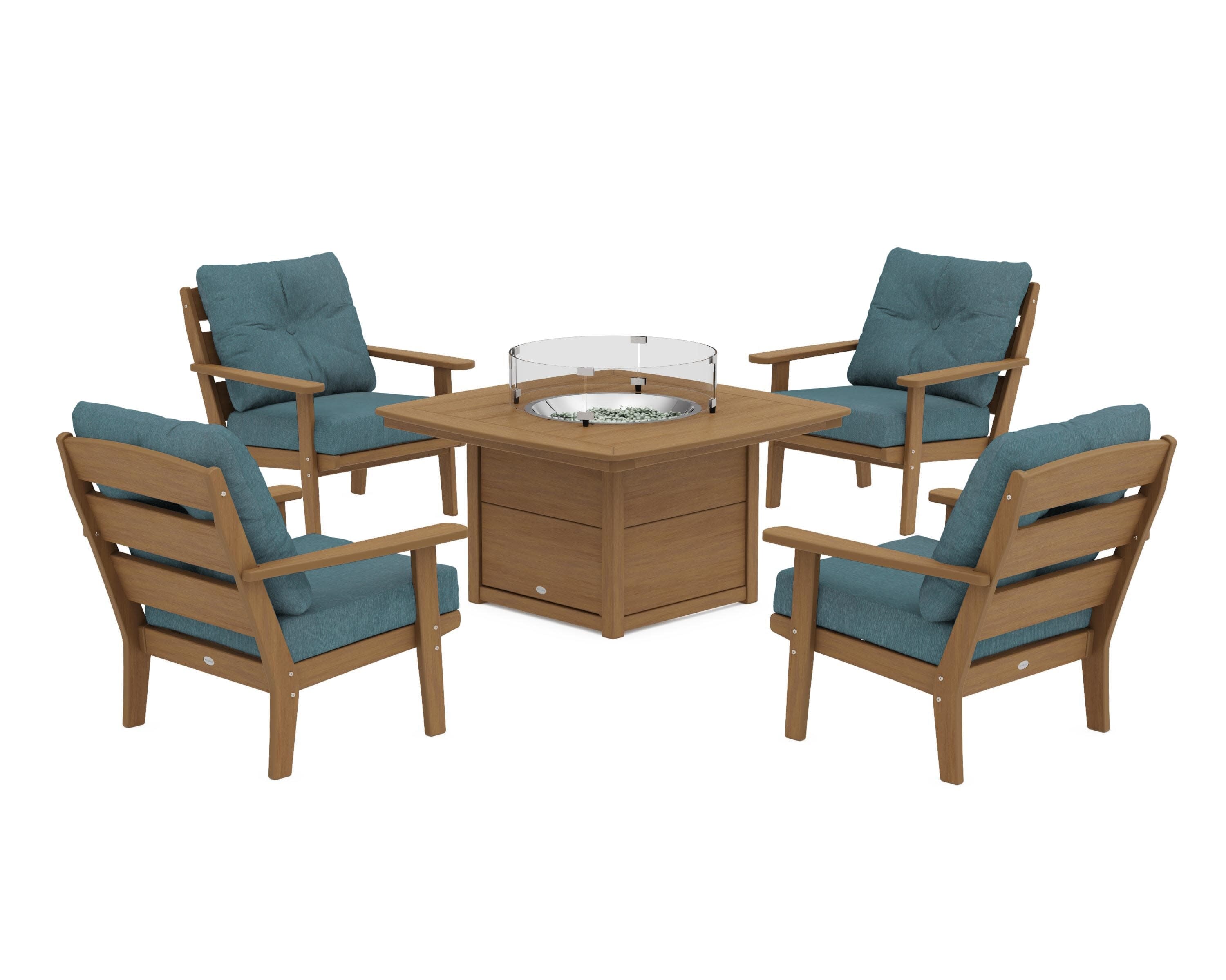 Lakeside 5-Piece Deep Seating Set with Nautical Fire Pit Table in Natural / Ocean Teal
