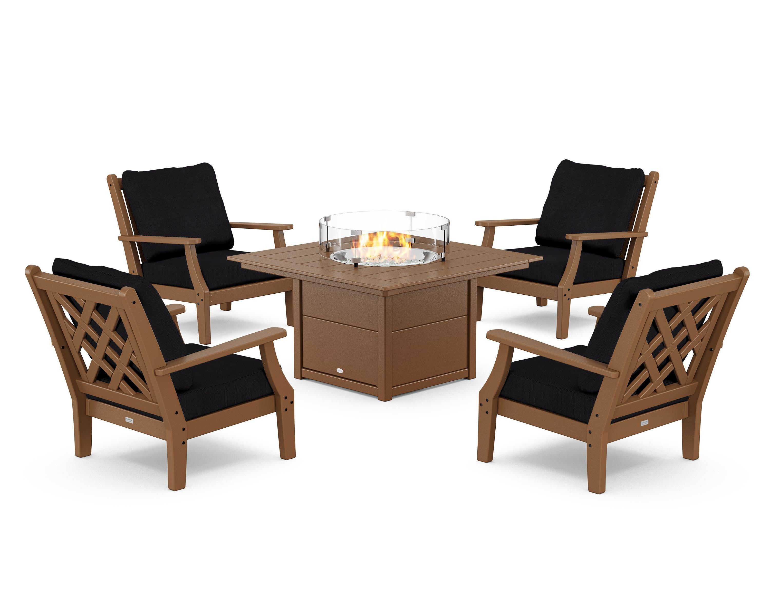 Wovendale 5-Piece Deep Seating Set with Fire Pit Table in Teak / Midnight Linen