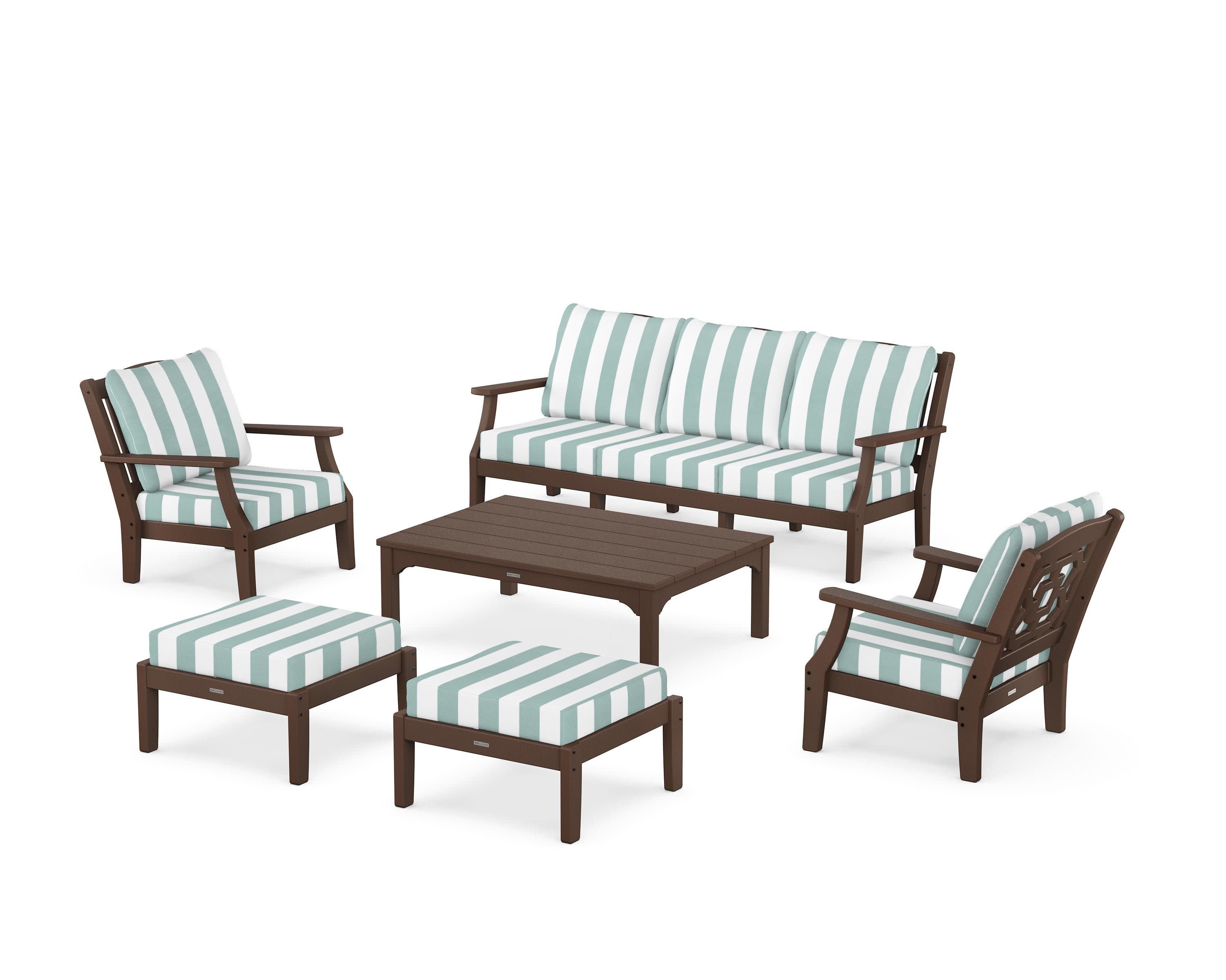Chinoiserie 6-Piece Lounge Sofa Set in Mahogany / Cabana Stripe Glacier Spa