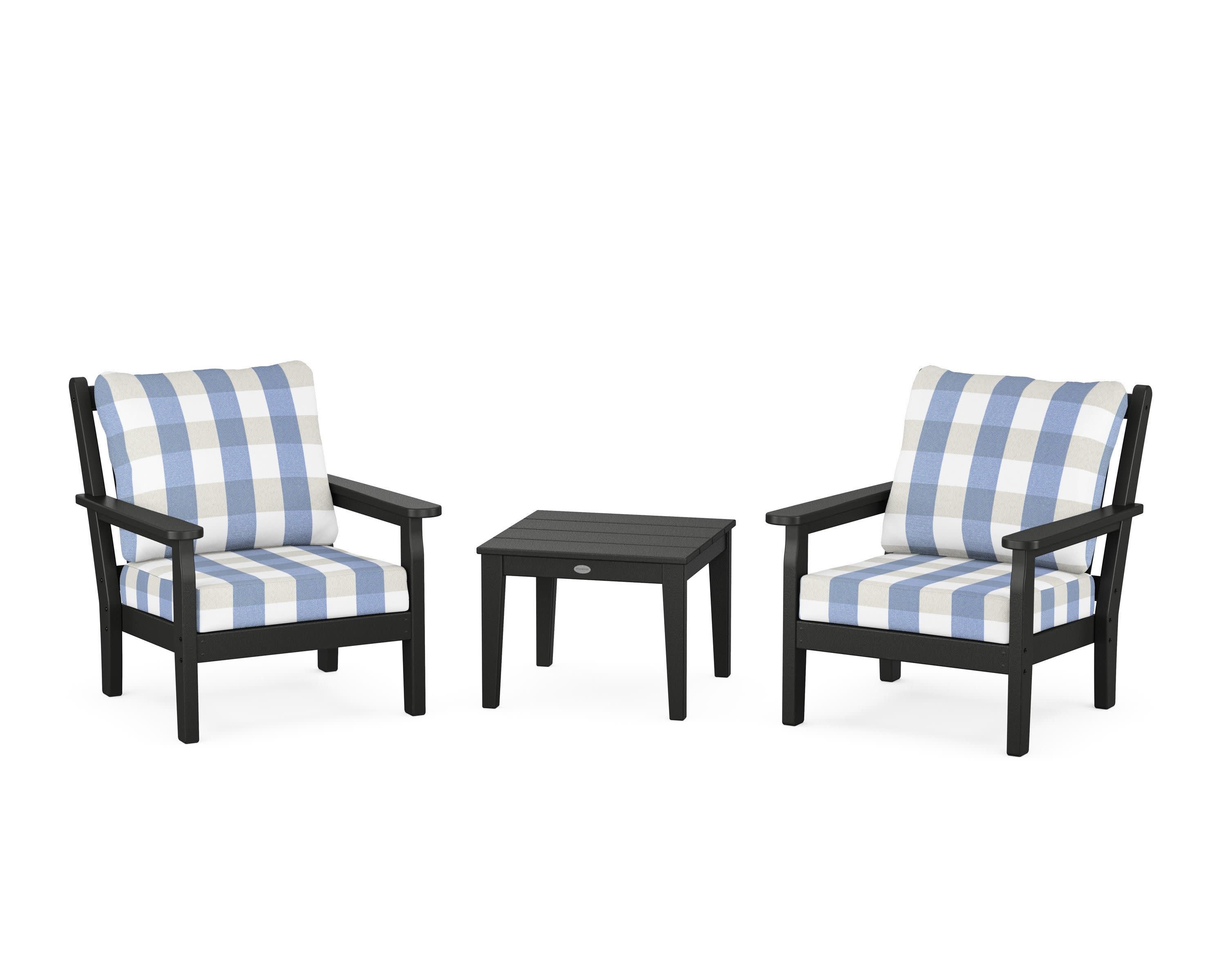 Chippendale 3-Piece Deep Seating Set in Black / Buffalo Plaid Sky Blue