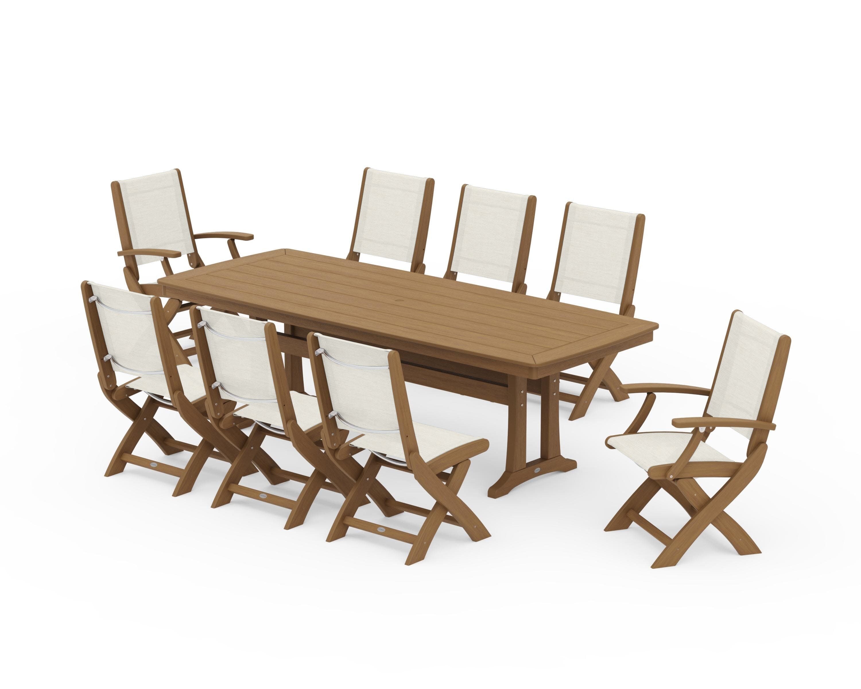 Coastal Folding 9-Piece Dining Set with Trestle Legs in Natural / Parchment Sling