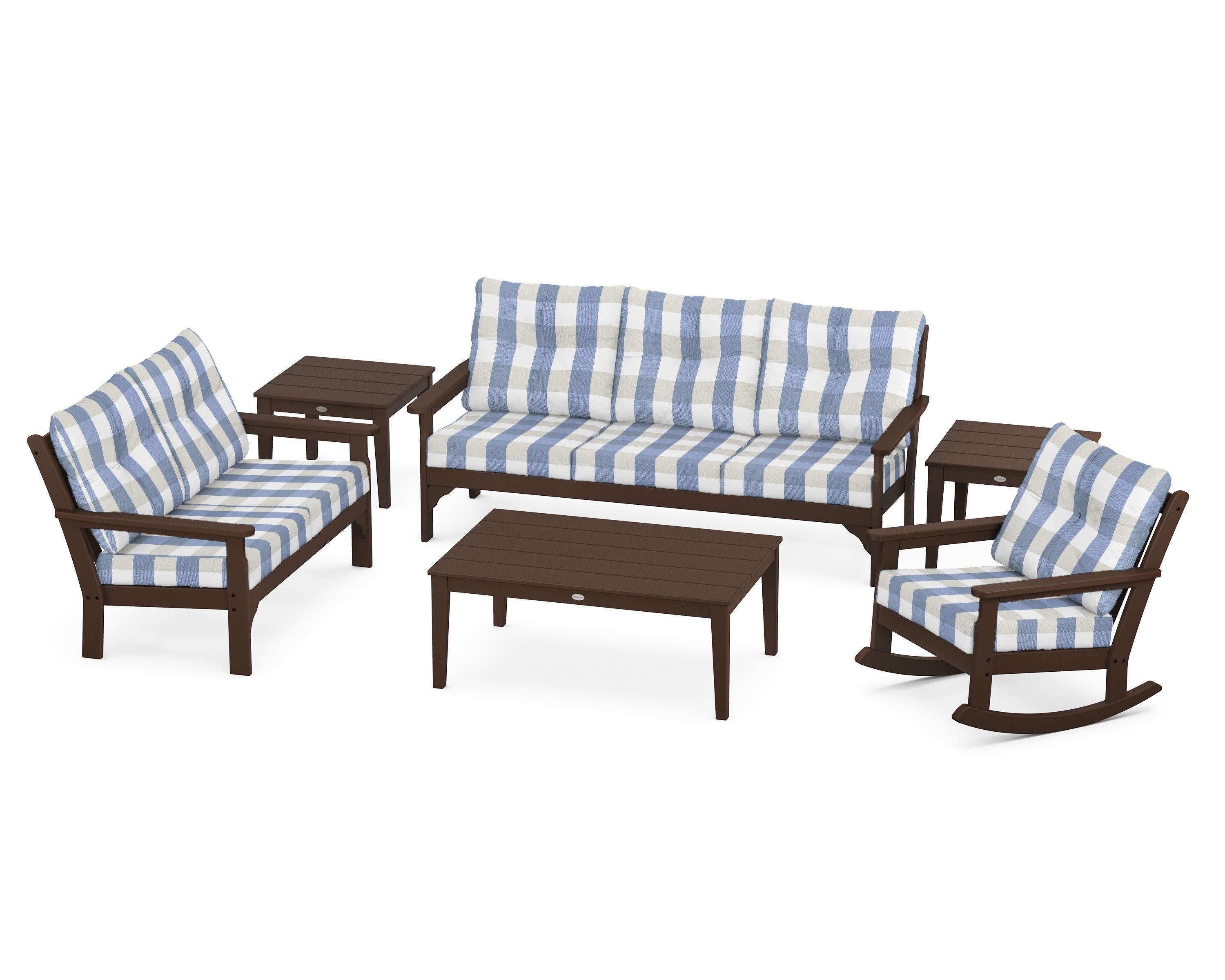 Vineyard 6-Piece Deep Seating Set in Mahogany / Buffalo Plaid Sky Blue