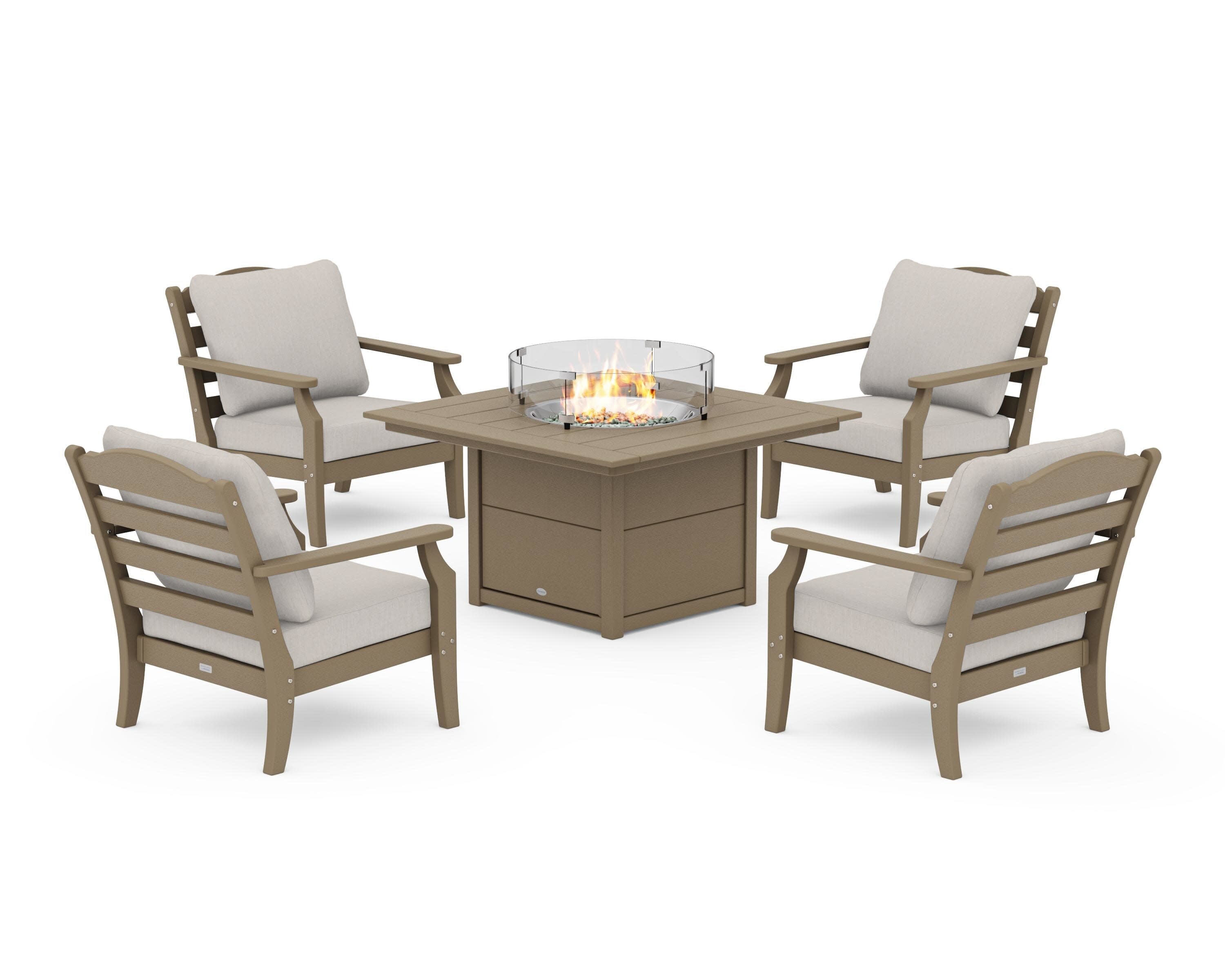 Savannah 5-Piece Deep Seating Set with Fire Pit Table in Vintage Sahara / Cast Ash
