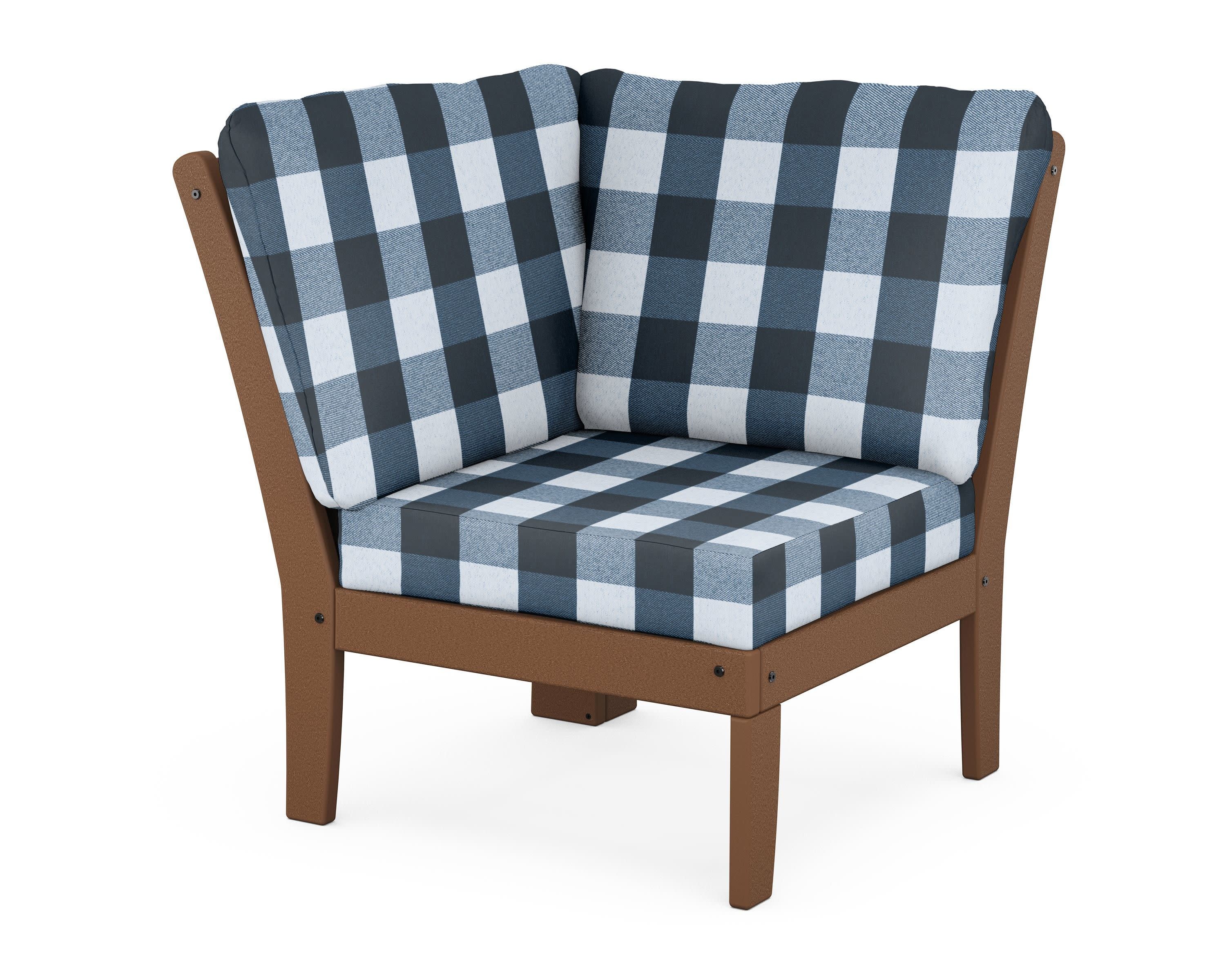 Braxton Modular Corner Chair in Teak / Buffalo Plaid Marine Indigo