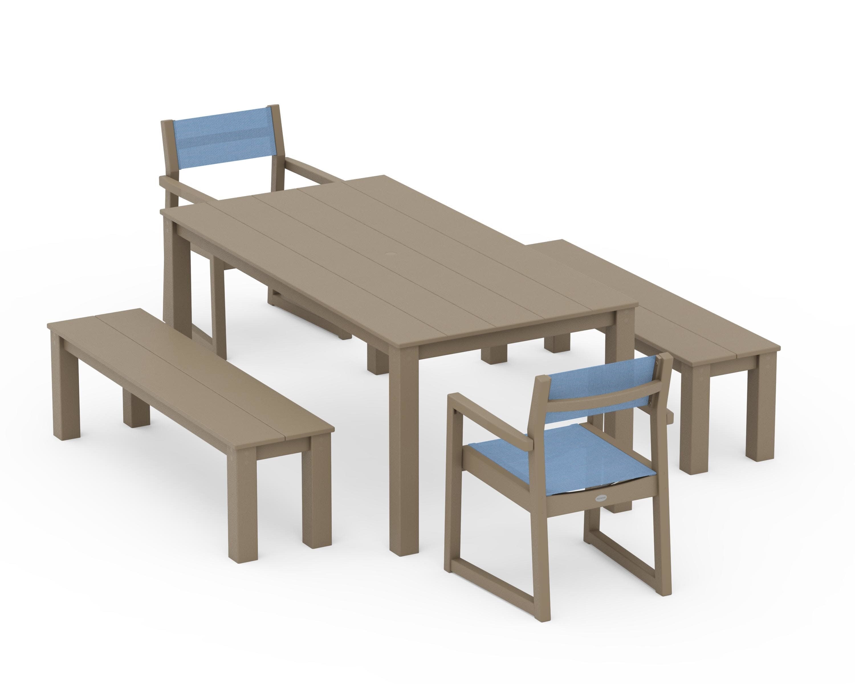 EDGE Sling Arm Chair 5-Piece Parsons Dining Set with Benches in Vintage Sahara / Poolside Sling