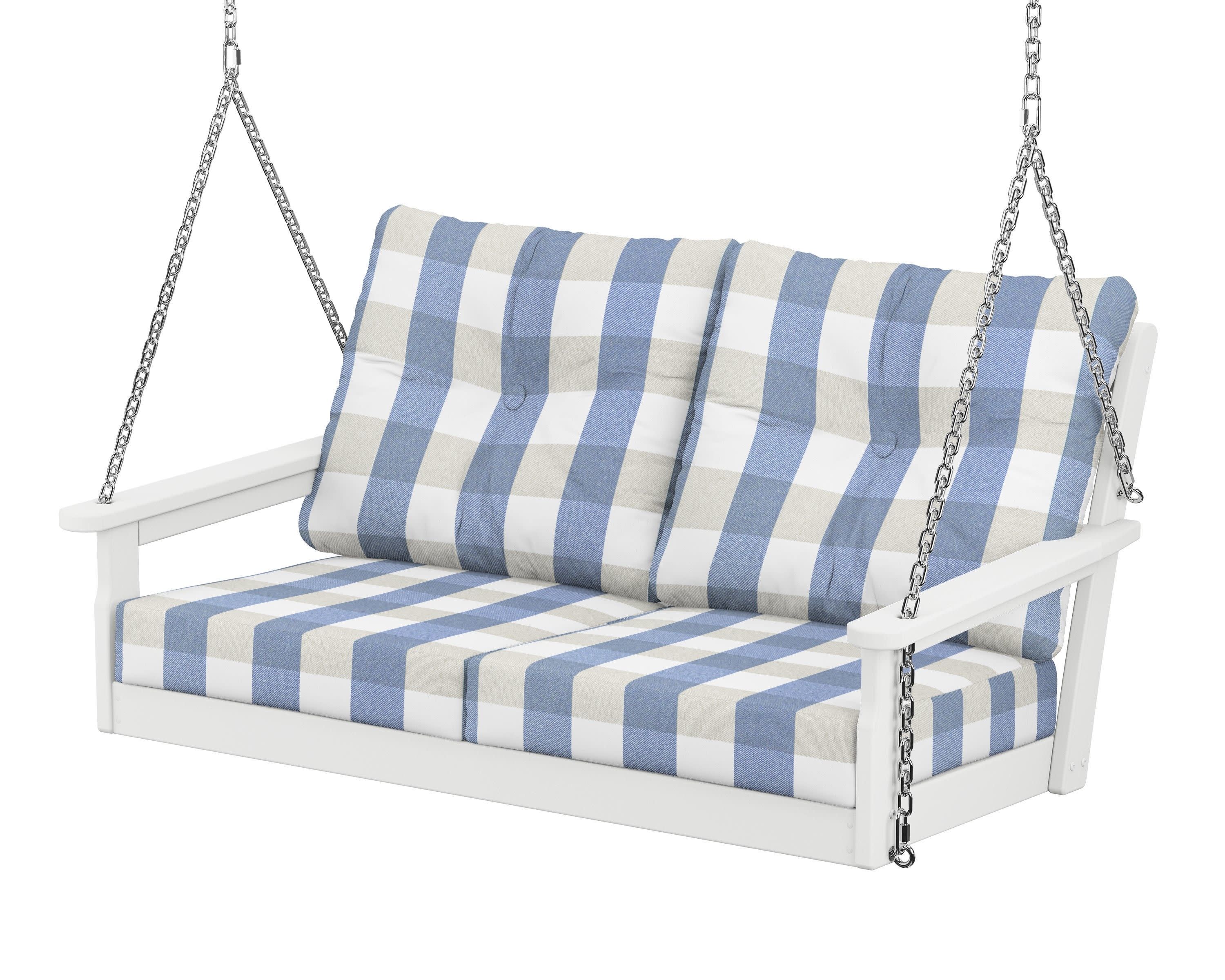 Vineyard Deep Seating Swing in White / Buffalo Plaid Sky Blue