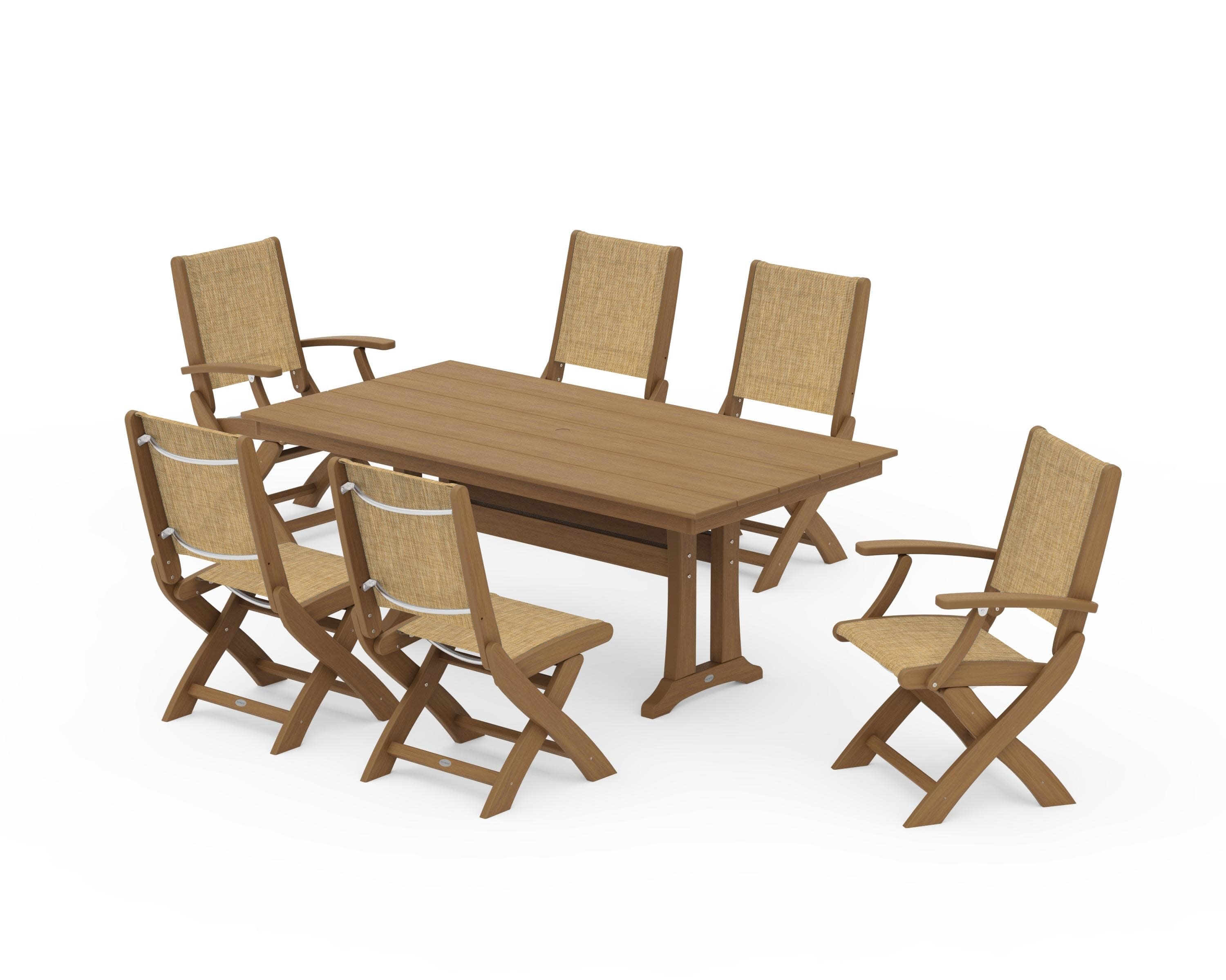 Coastal Folding Chair 7-Piece Farmhouse Dining Set with Trestle Legs in Natural / Burlap Sling