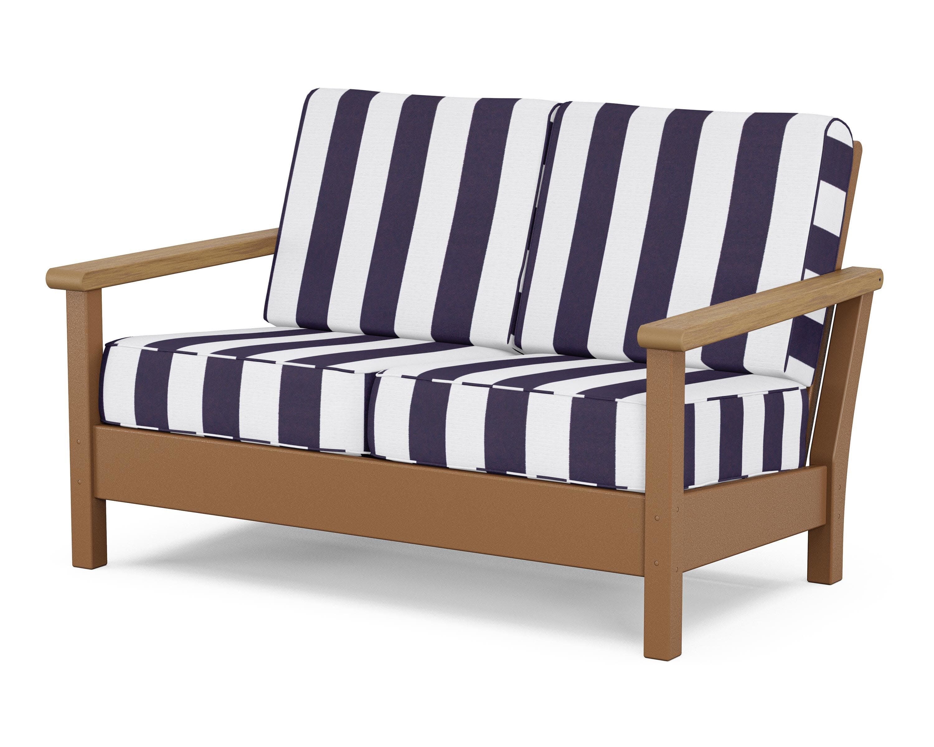 Harbour Deep Seating Loveseat in Teak / Natural / Cabana Stripe Navy