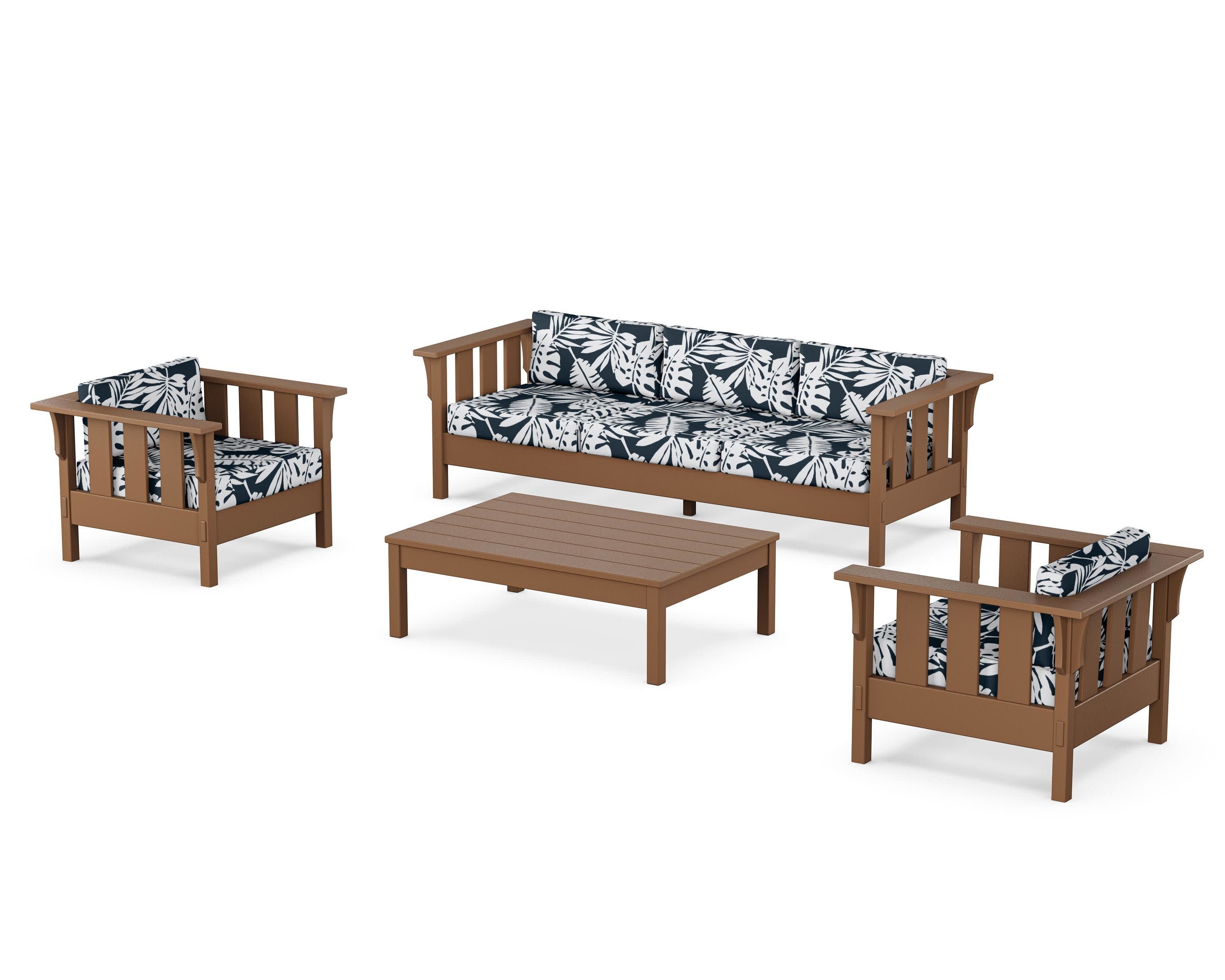 Acadia 4-Piece Deep Seating Set with Sofa in Teak / Leaf Marine Indigo