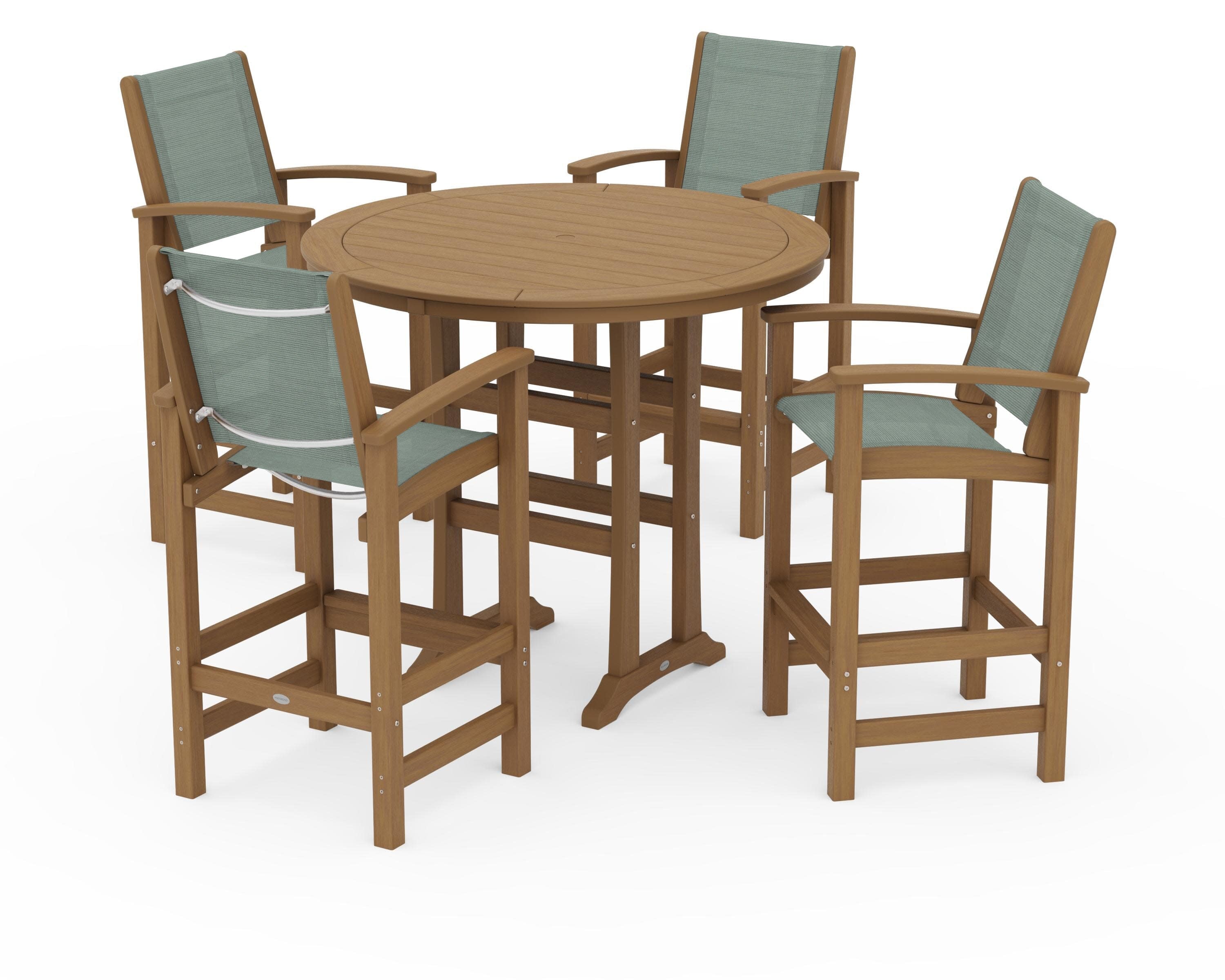Coastal 5-Piece Nautical Trestle Bar Set in Natural / Dupioni Sea Mist Sling