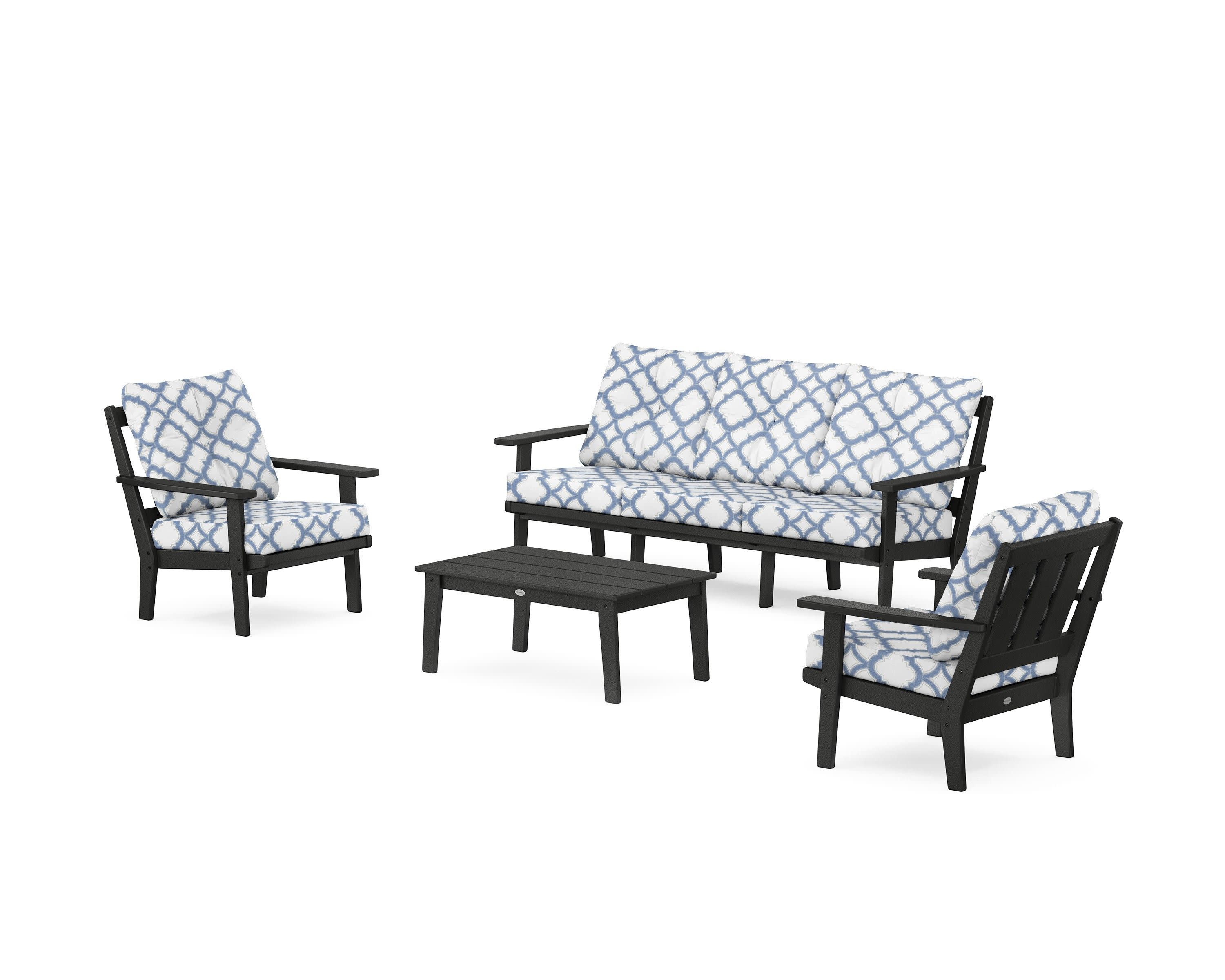 Oxford 4-Piece Deep Seating Set with Sofa in Black / Trellis Sky Blue