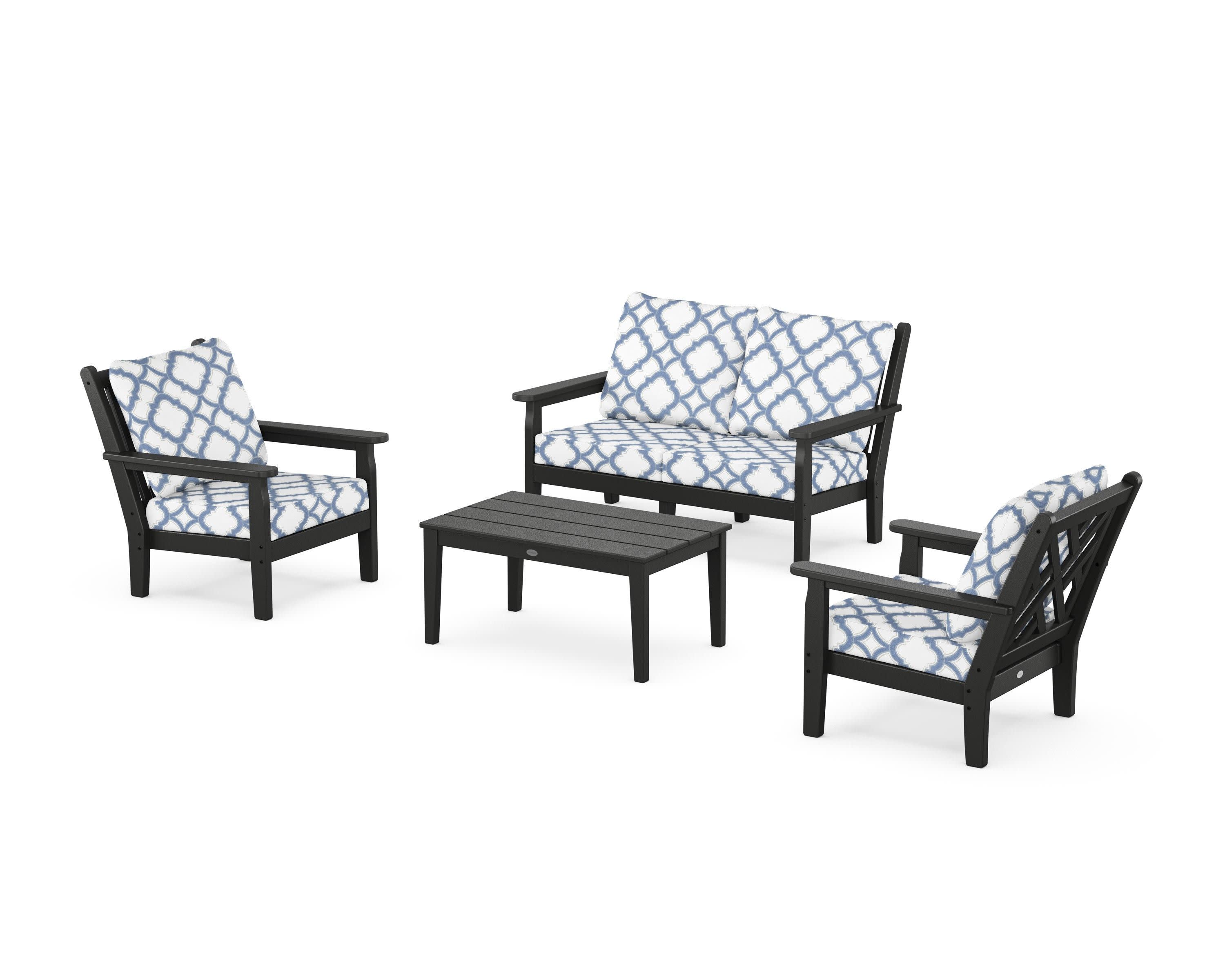 Chippendale 4-Piece Deep Seating Set with Loveseat in Black / Trellis Sky Blue