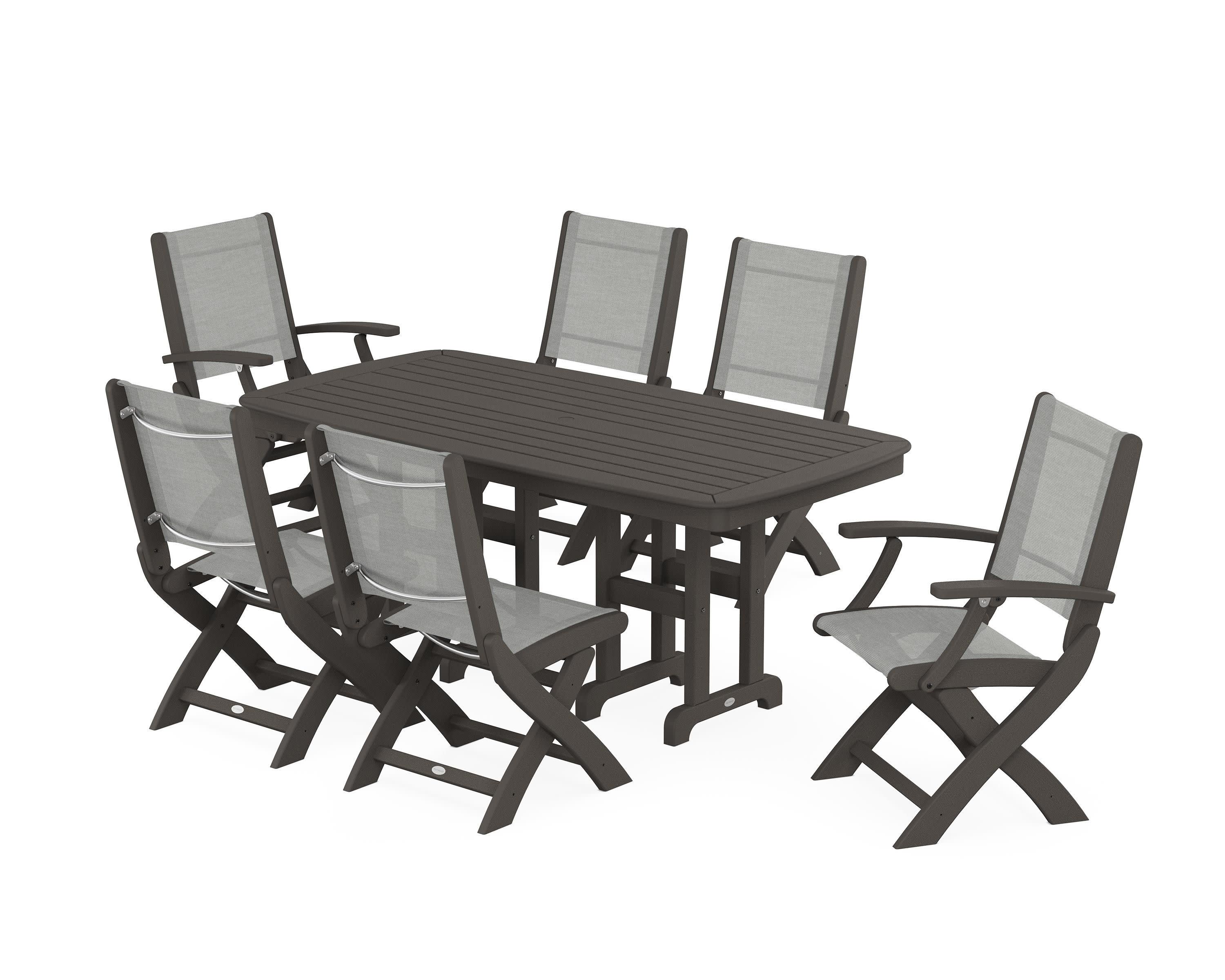 Coastal Folding Chair 7-Piece Dining Set in Vintage Coffee / Metallic Sling