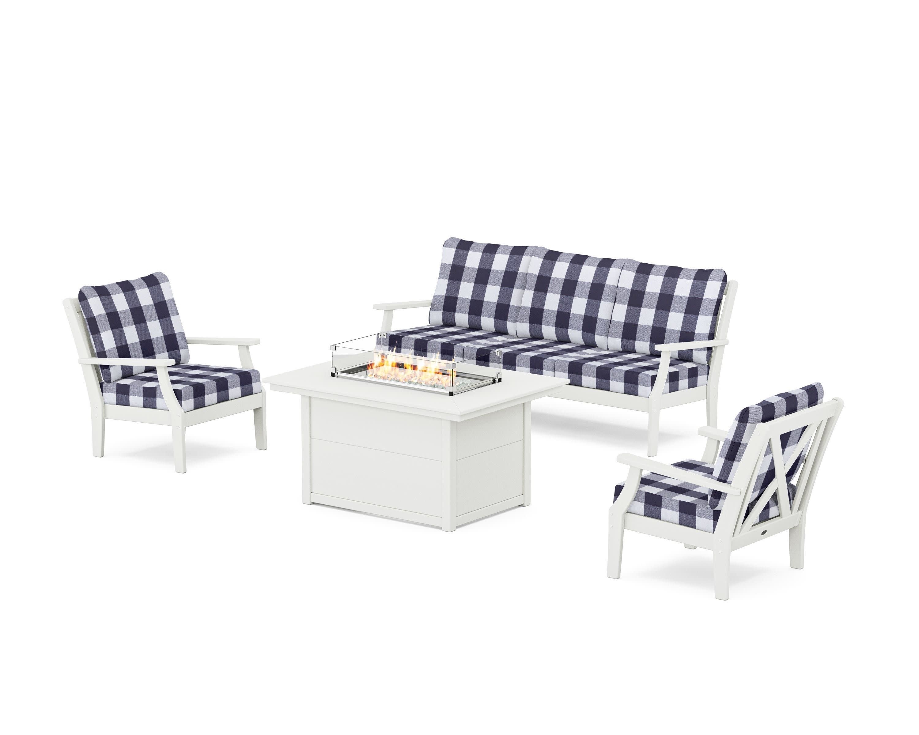 Braxton Deep Seating Fire Pit Table Set in Vintage White / Buffalo Plaid Navy