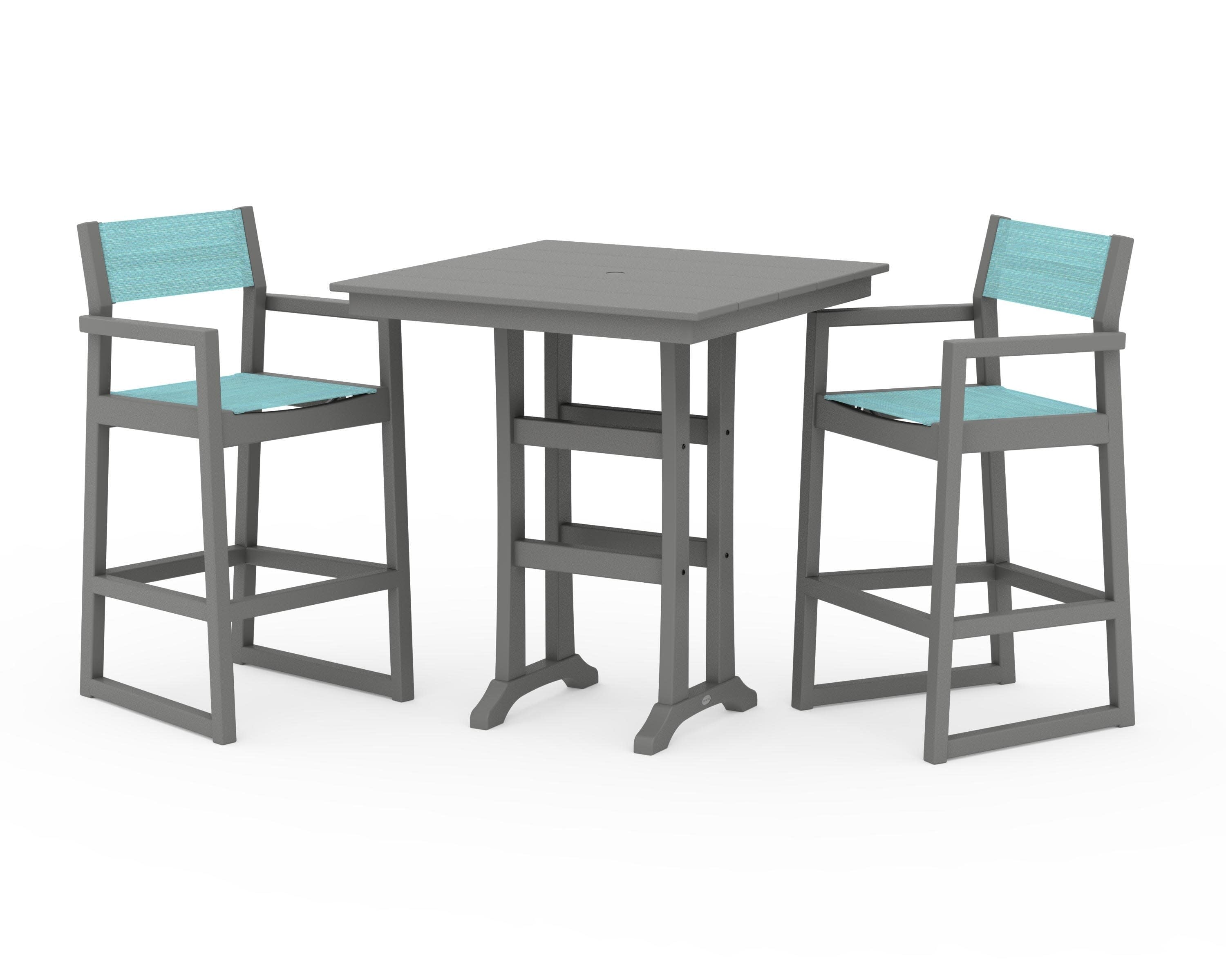 EDGE Sling Arm Chair 3-Piece Farmhouse Bar Set with Trestle Legs in Slate Grey / Dupioni Aquamarine Sling