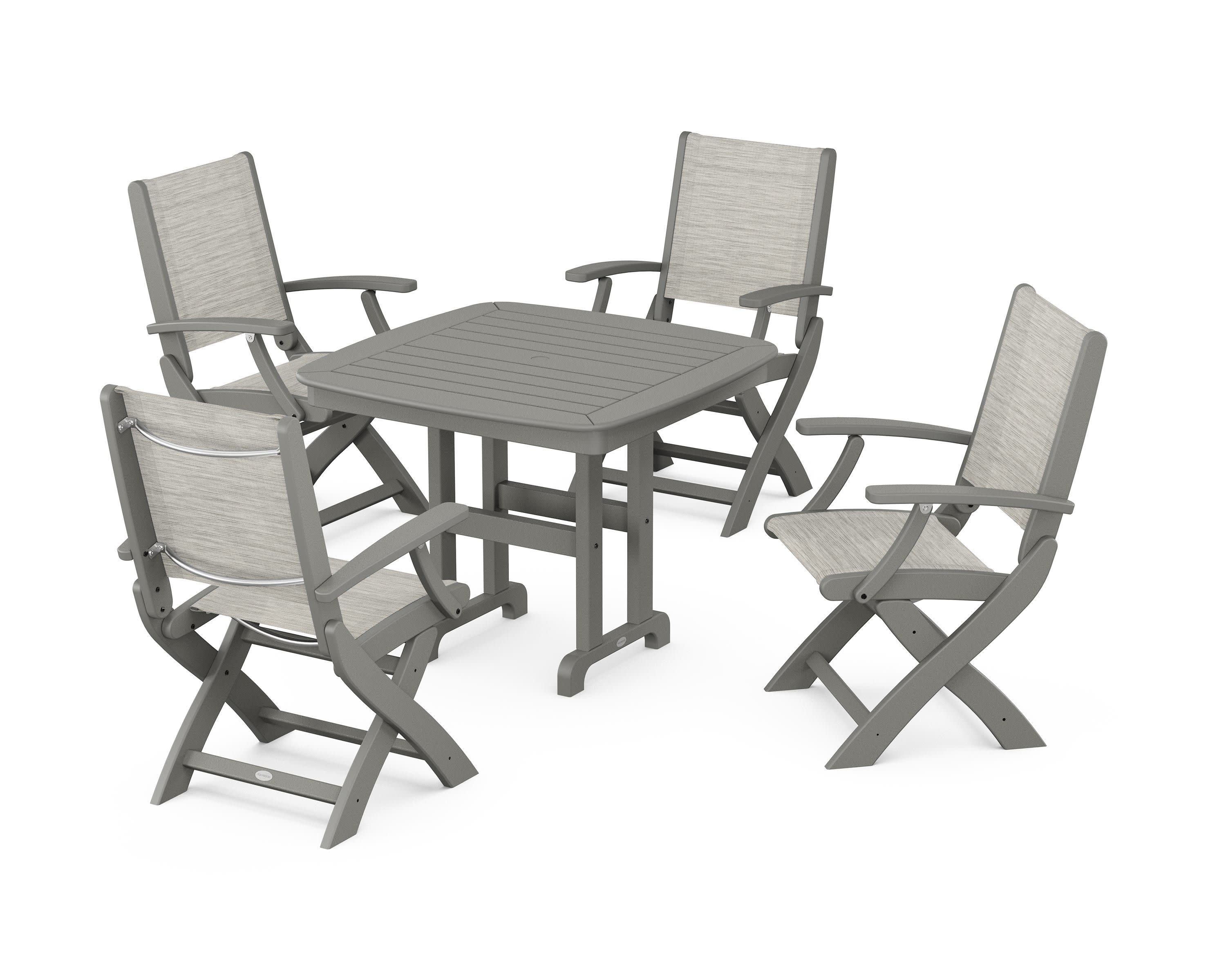 Coastal Folding Chair 5-Piece Dining Set in Slate Grey / Birch Sling