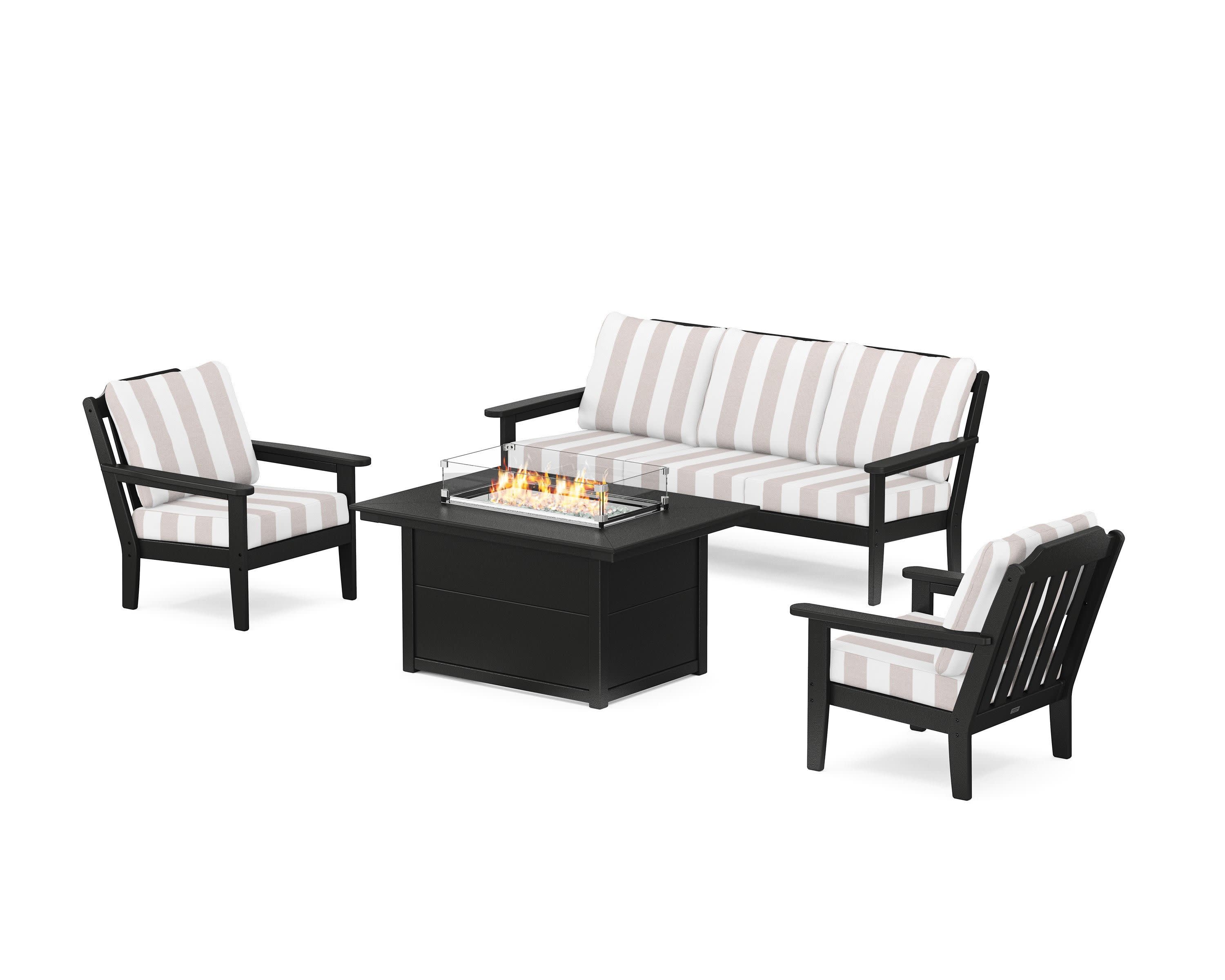Cottage Deep Seating Fire Pit Table Set in Black / Cabana Stripe Dune Burlap
