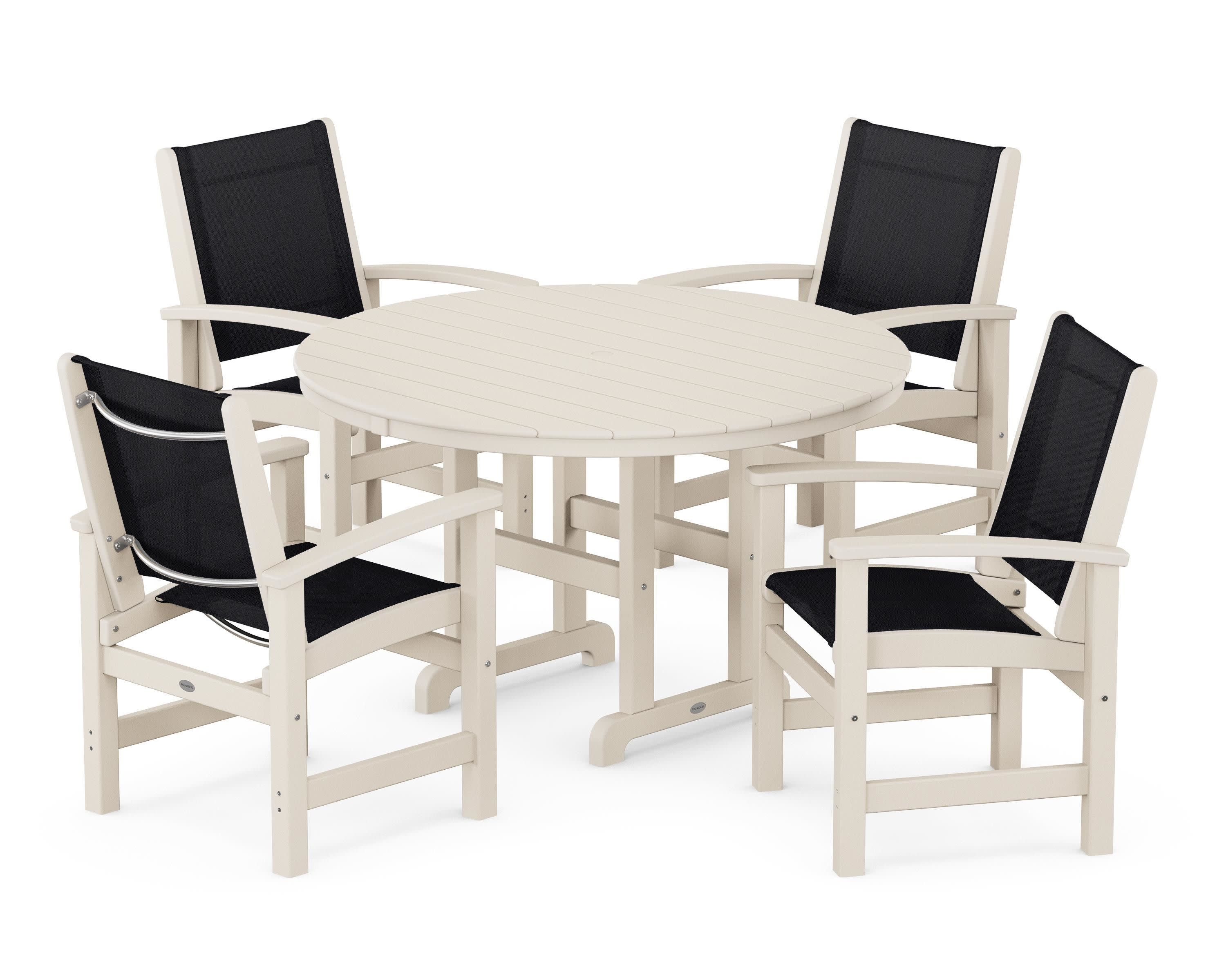 Coastal 5-Piece Round Farmhouse Dining Set in Sand / Black Sling