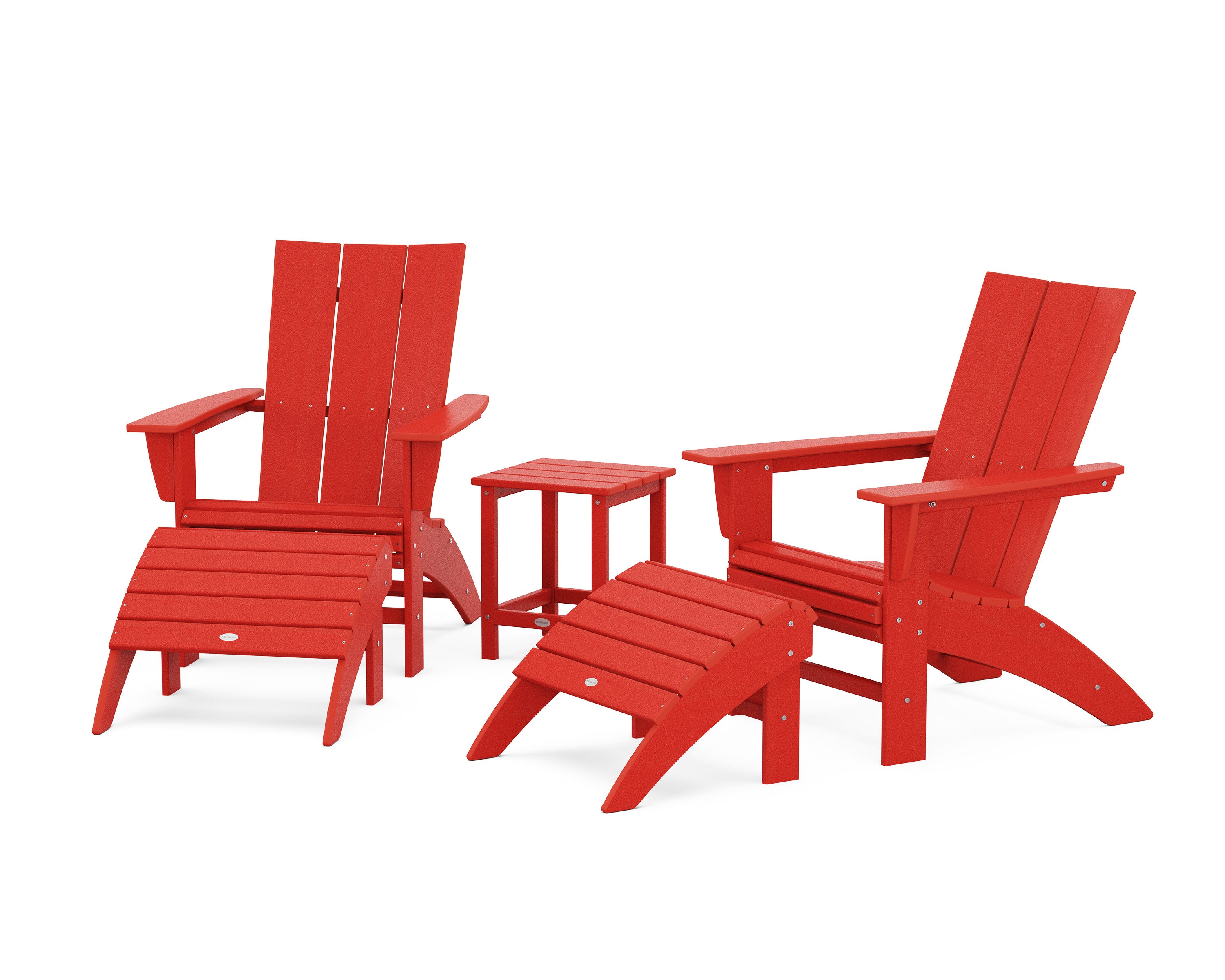 Modern Curveback Adirondack Chair 5-Piece Set with Ottomans and 18" Side Table in Sunset Red