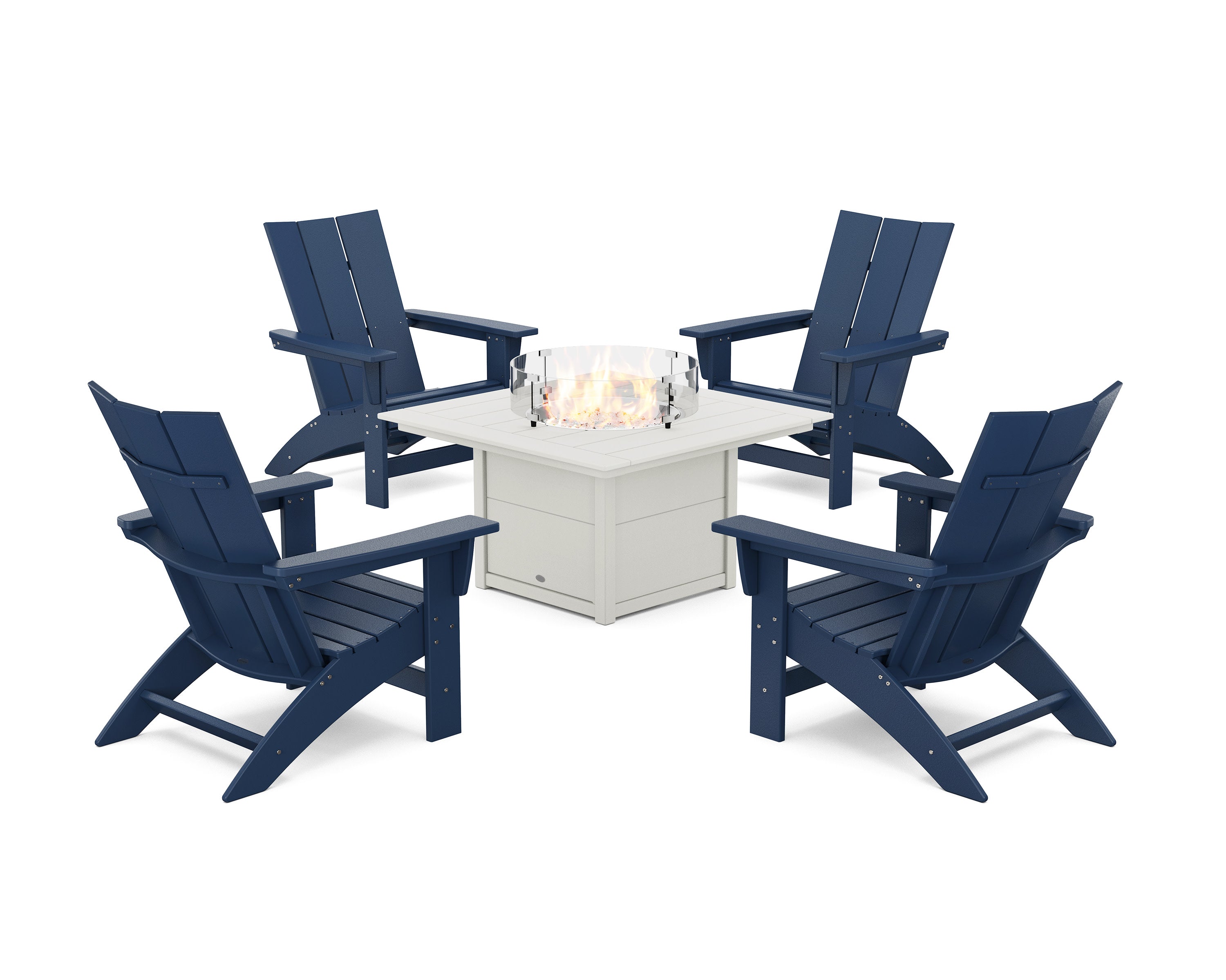 5-Piece Modern Grand Adirondack Conversation Set with Fire Pit Table in Navy / White