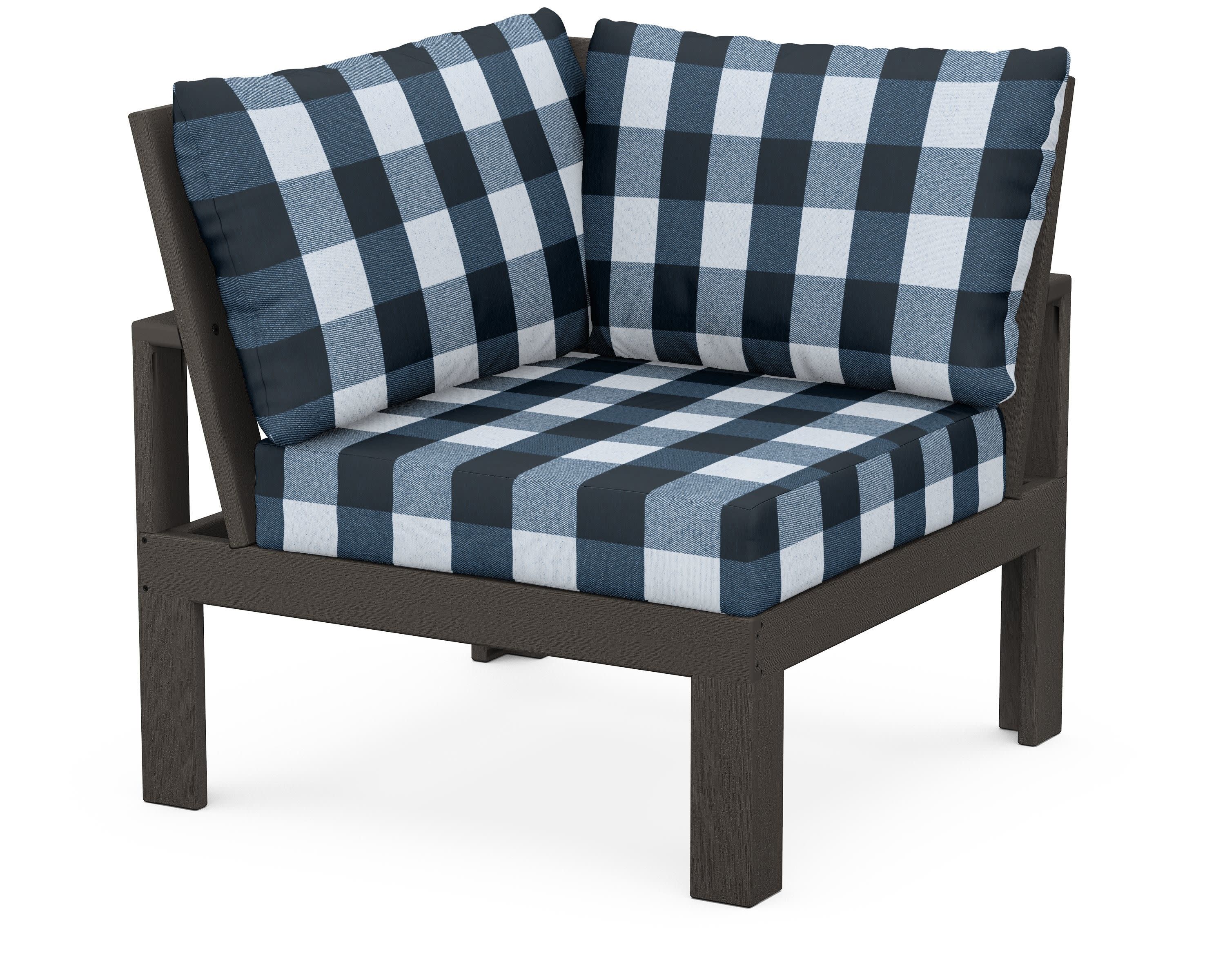 Modular Corner Chair in Vintage Coffee / Buffalo Plaid Marine Indigo