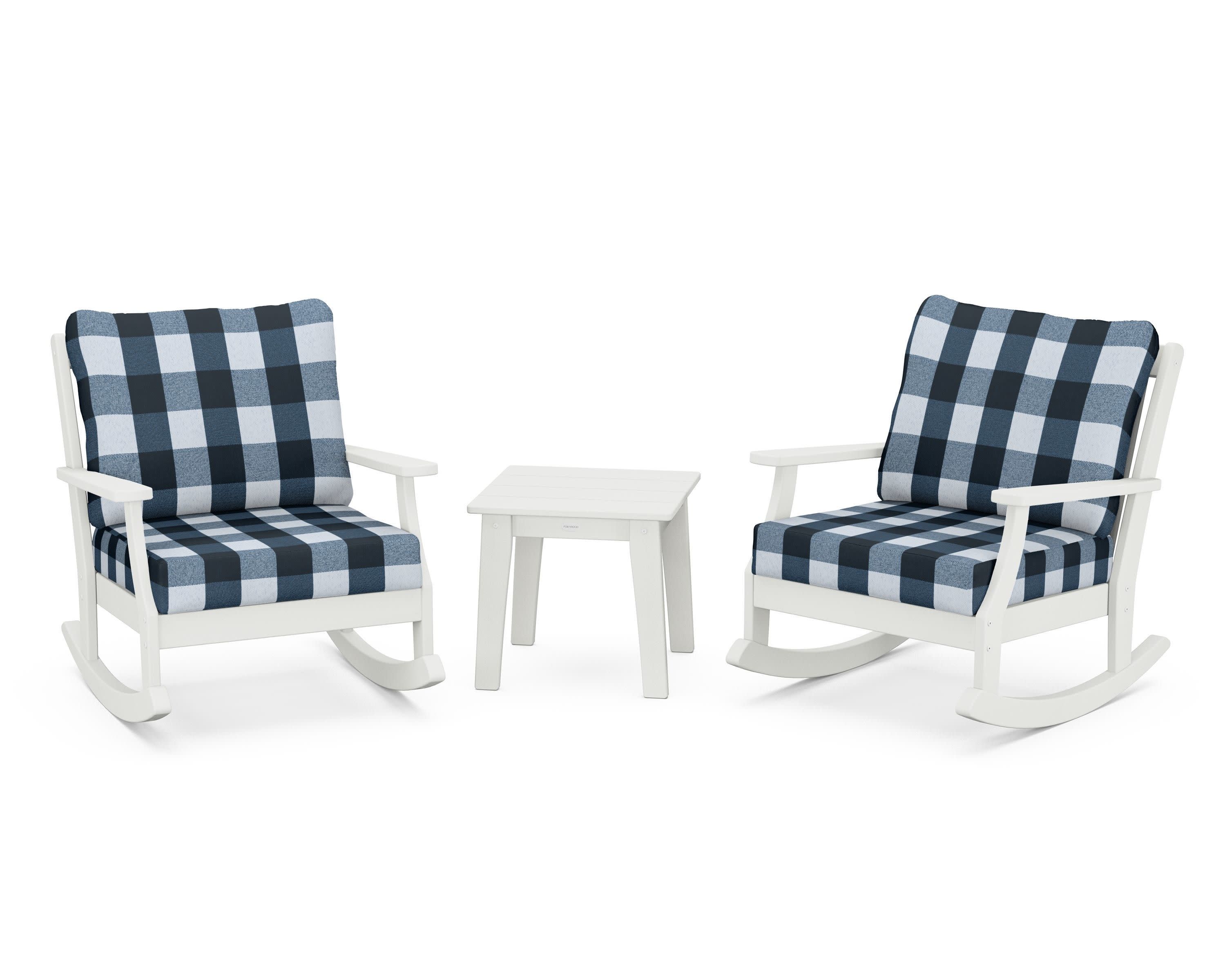 Braxton 3-Piece Deep Seating Rocker Set in Vintage White / Buffalo Plaid Marine Indigo