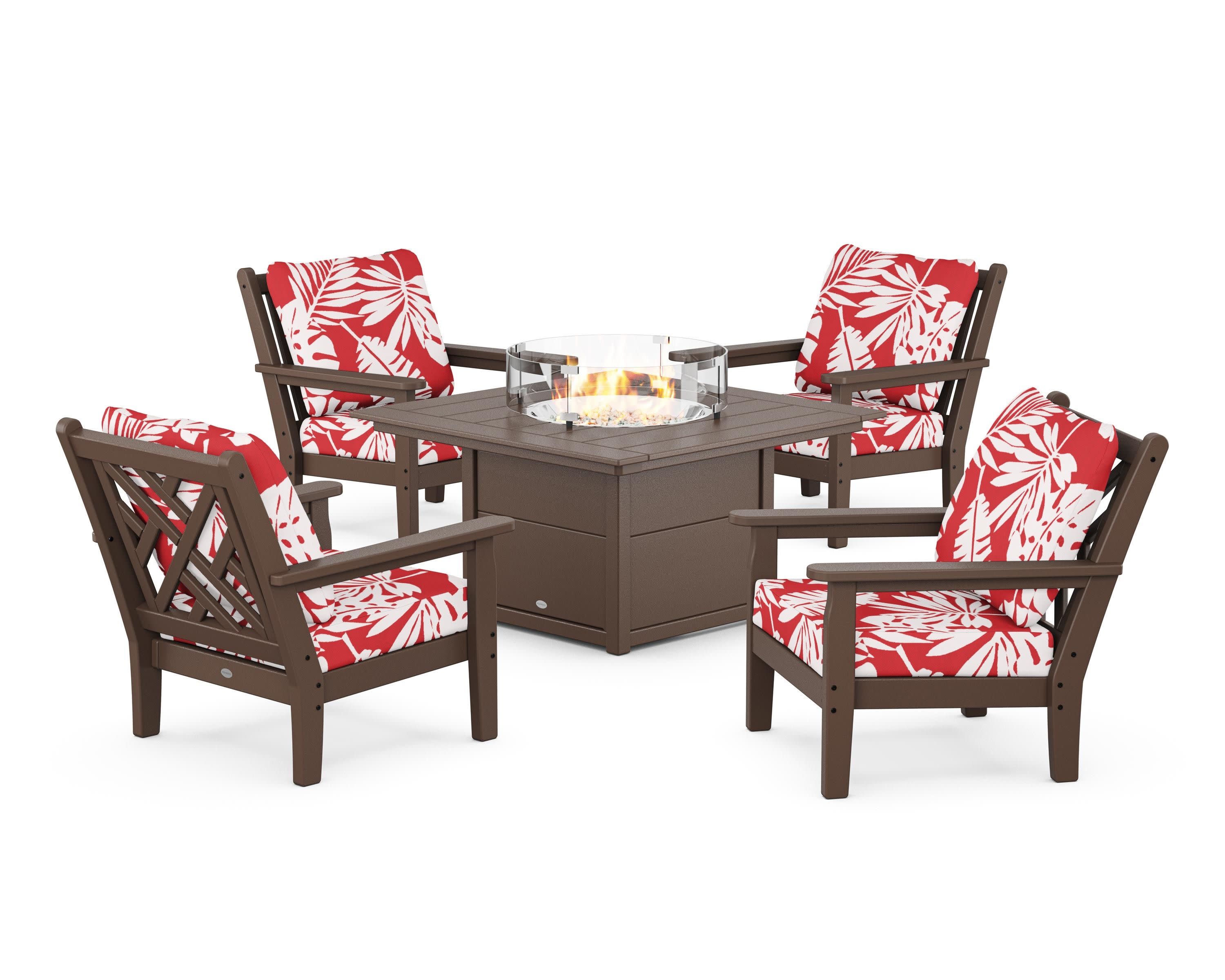 Chippendale 5-Piece Deep Seating Set with Fire Pit Table in Mahogany / Leaf Crimson