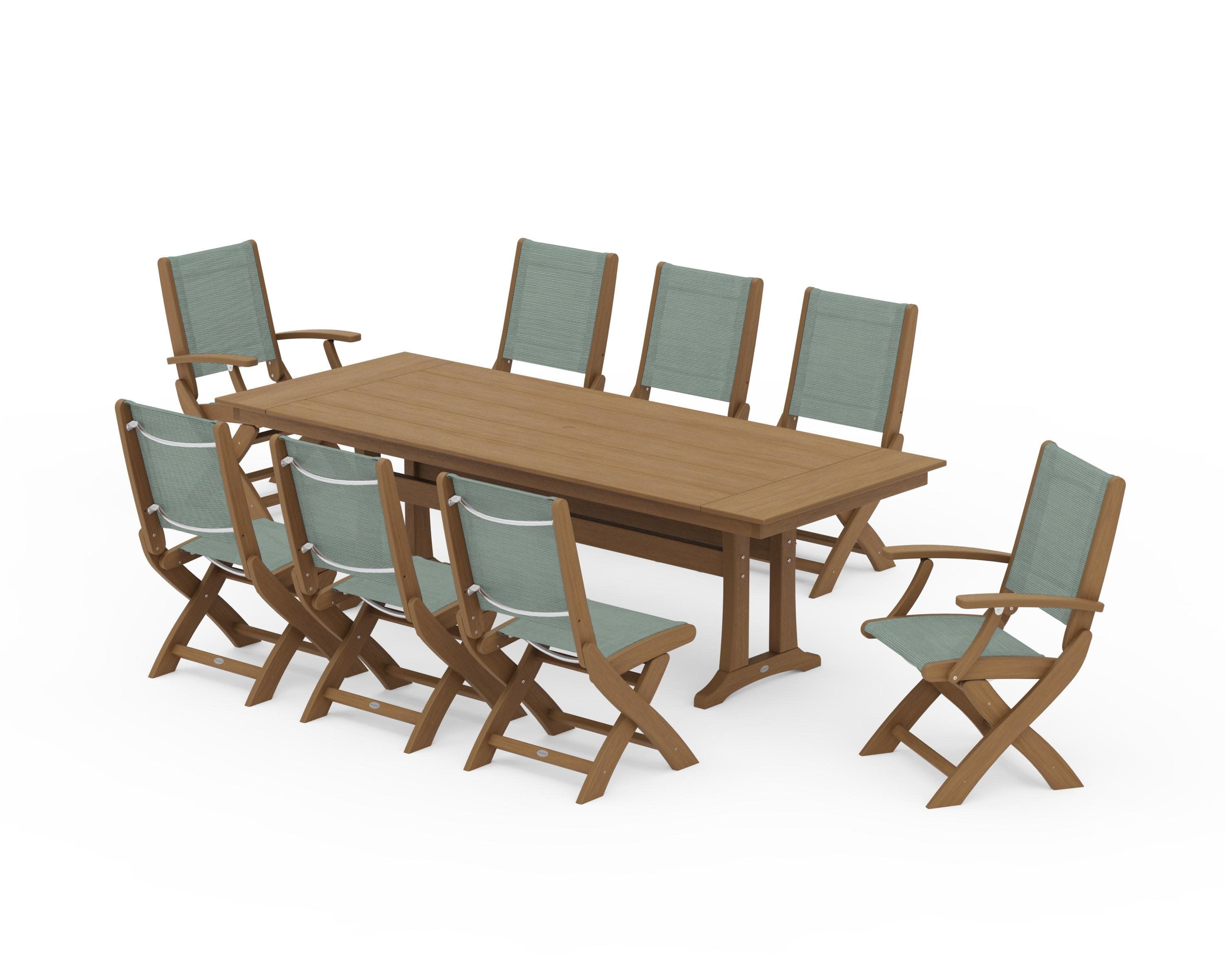 Coastal 9-Piece Folding Dining Chair Farmhouse Dining Set with Trestle Legs in Natural / Dupioni Sea Mist Sling