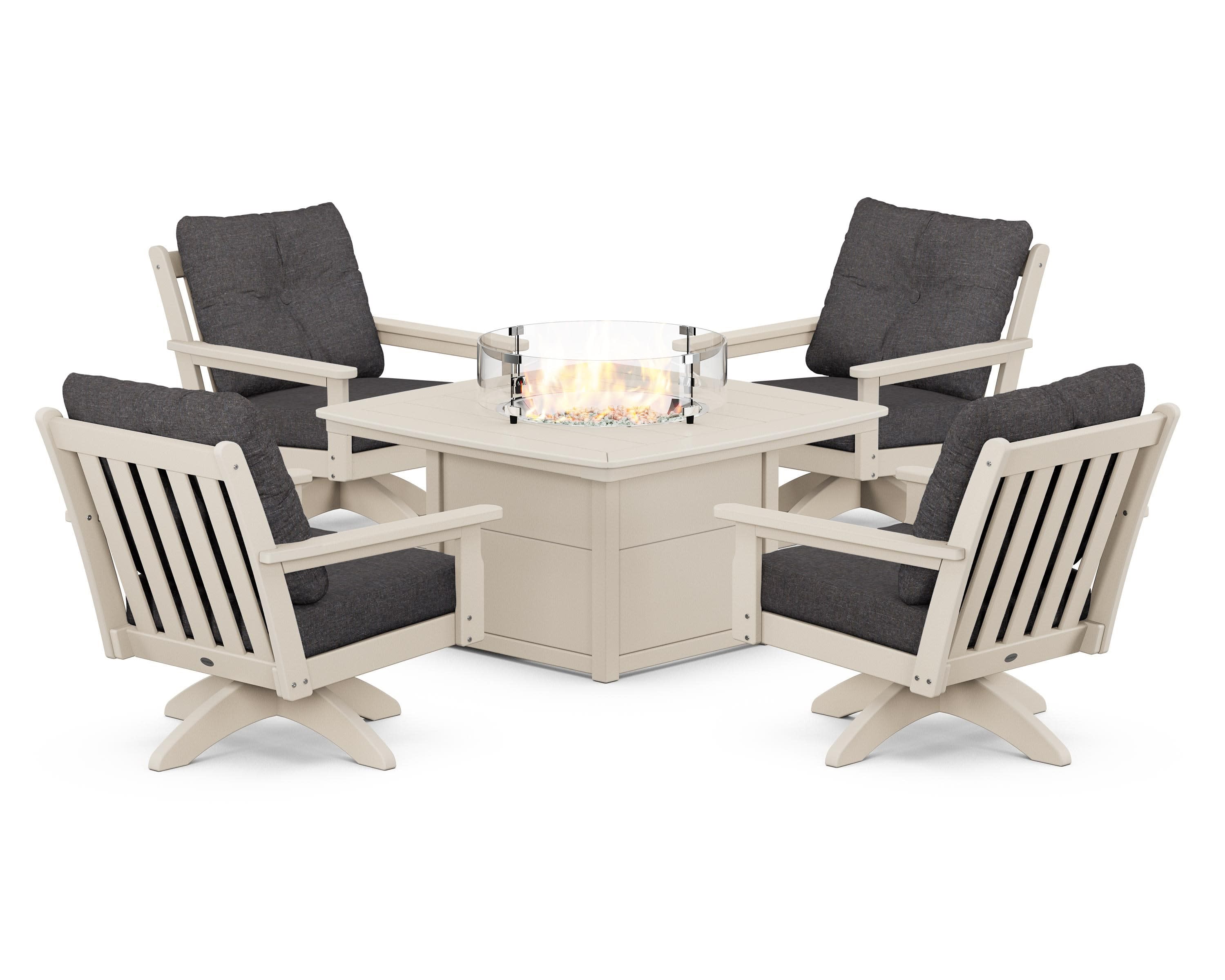 Vineyard 5-Piece Deep Seating Swivel Conversation Set with Fire Pit Table in Sand / Ash Charcoal
