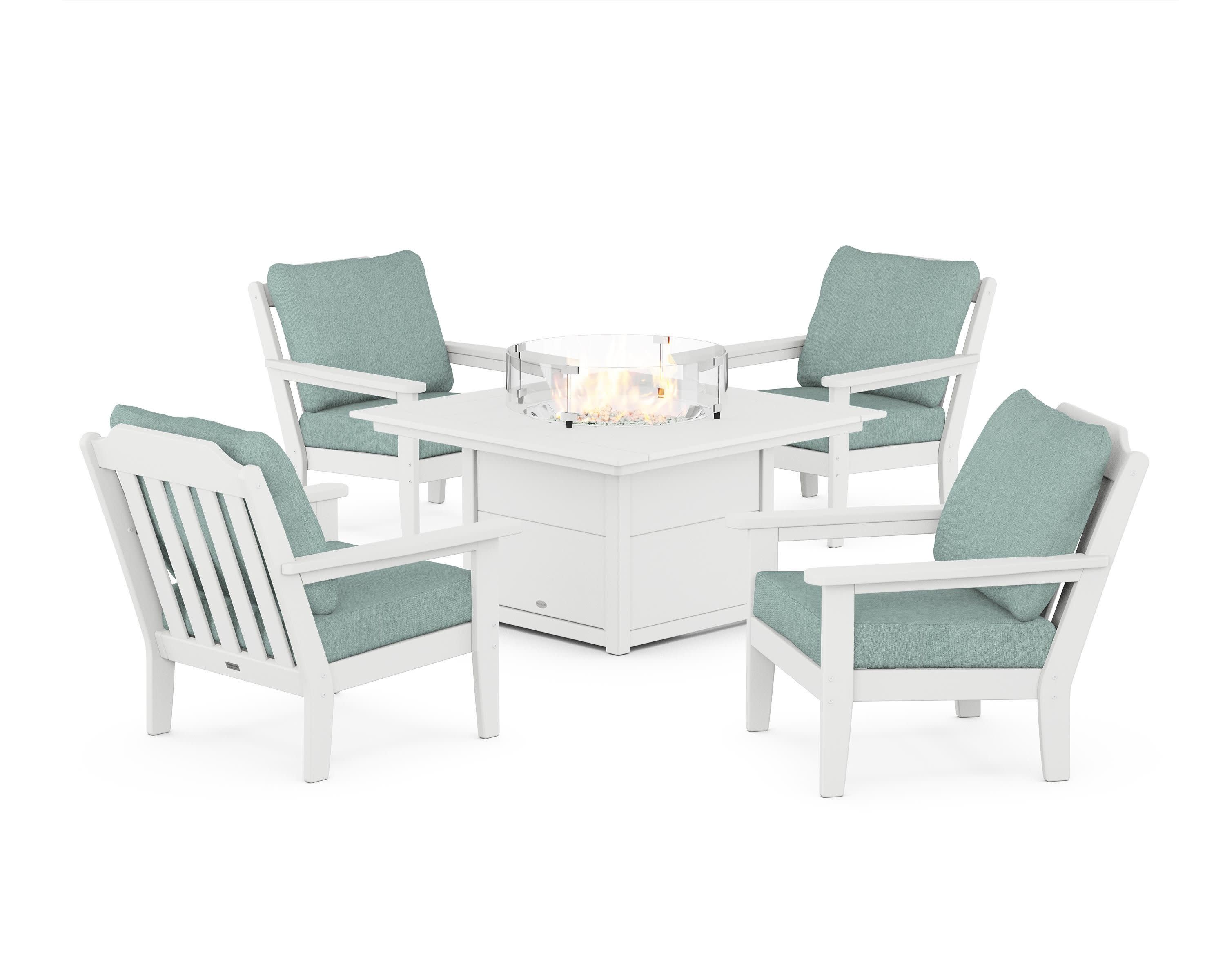 Cottage 5-Piece Deep Seating Set with Fire Pit Table in White / Glacier Spa