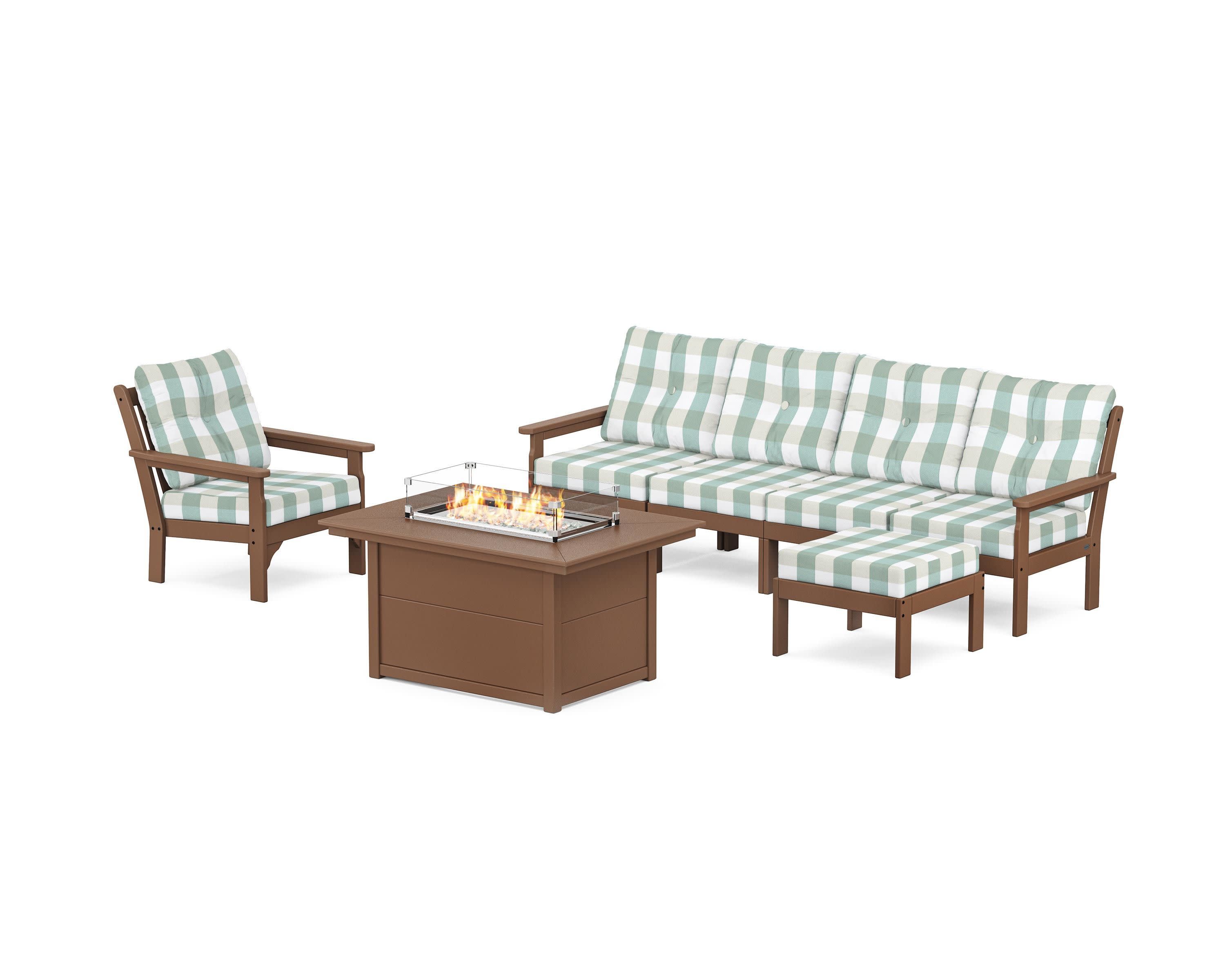 Vineyard Sectional Lounge and Fire Pit Set in Teak / Buffalo Plaid Glacier Spa