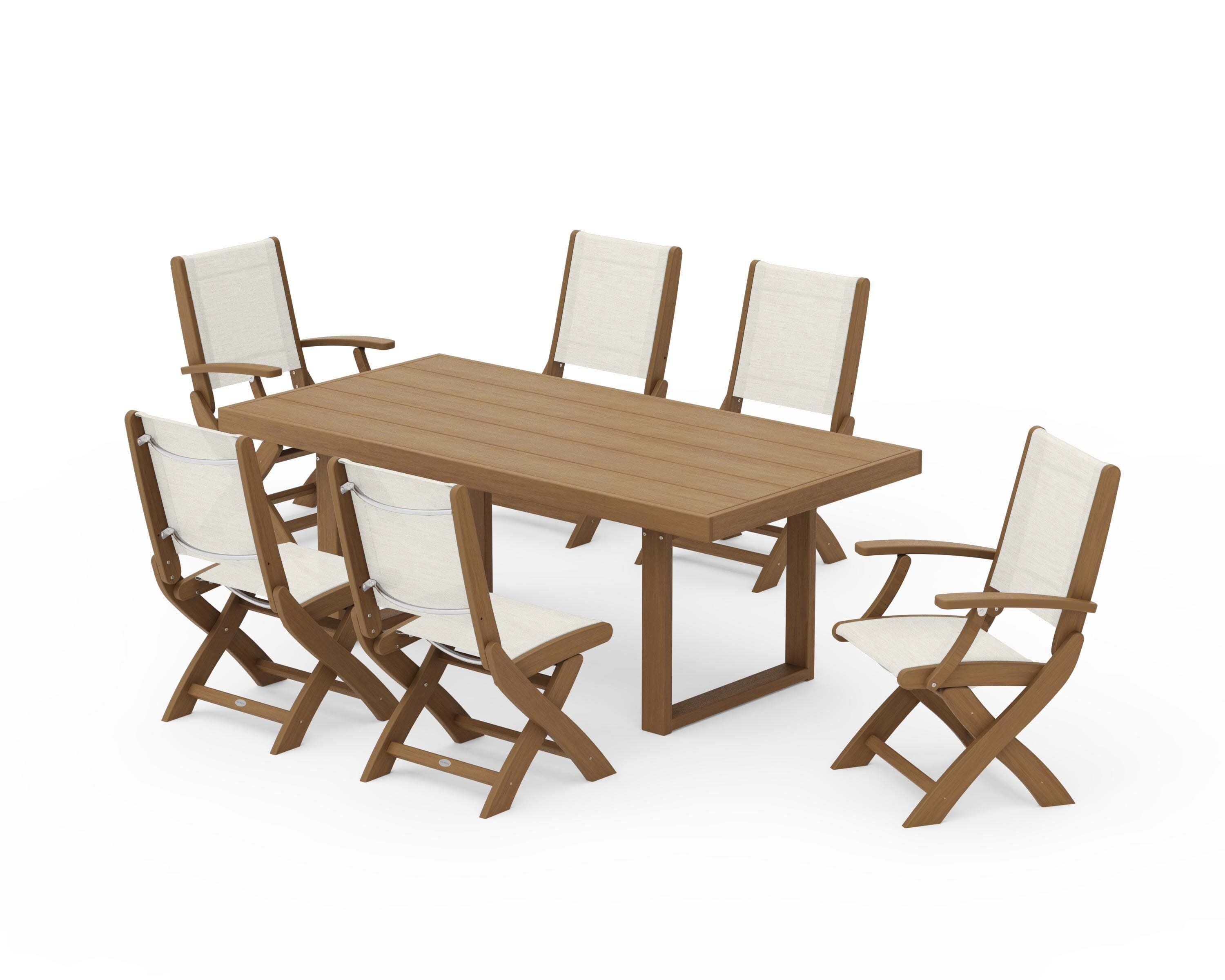 Coastal Folding Chair 7-Piece Dining Set with Trestle Legs in Natural / Parchment Sling