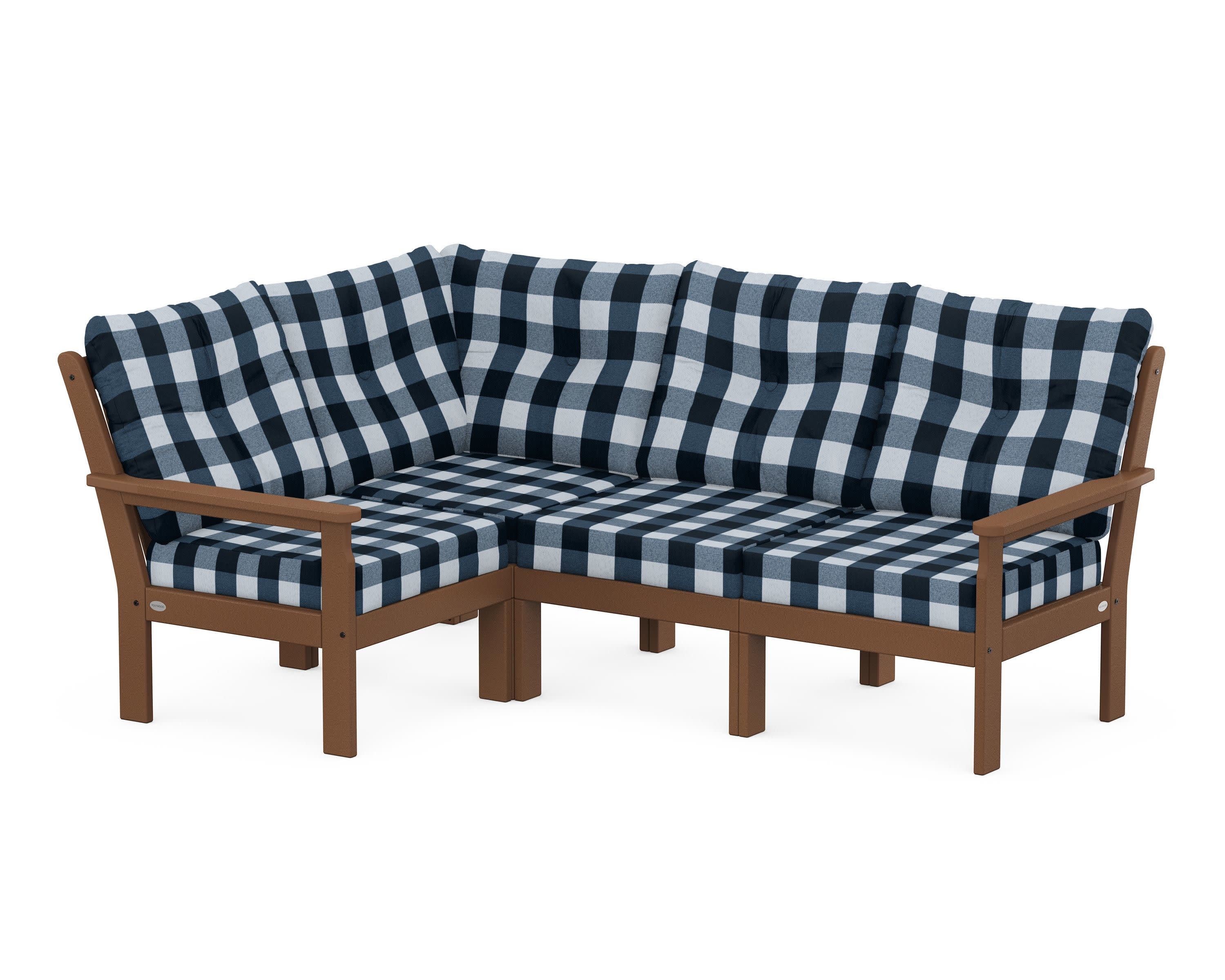Vineyard 4-Piece Sectional in Teak / Buffalo Plaid Marine Indigo