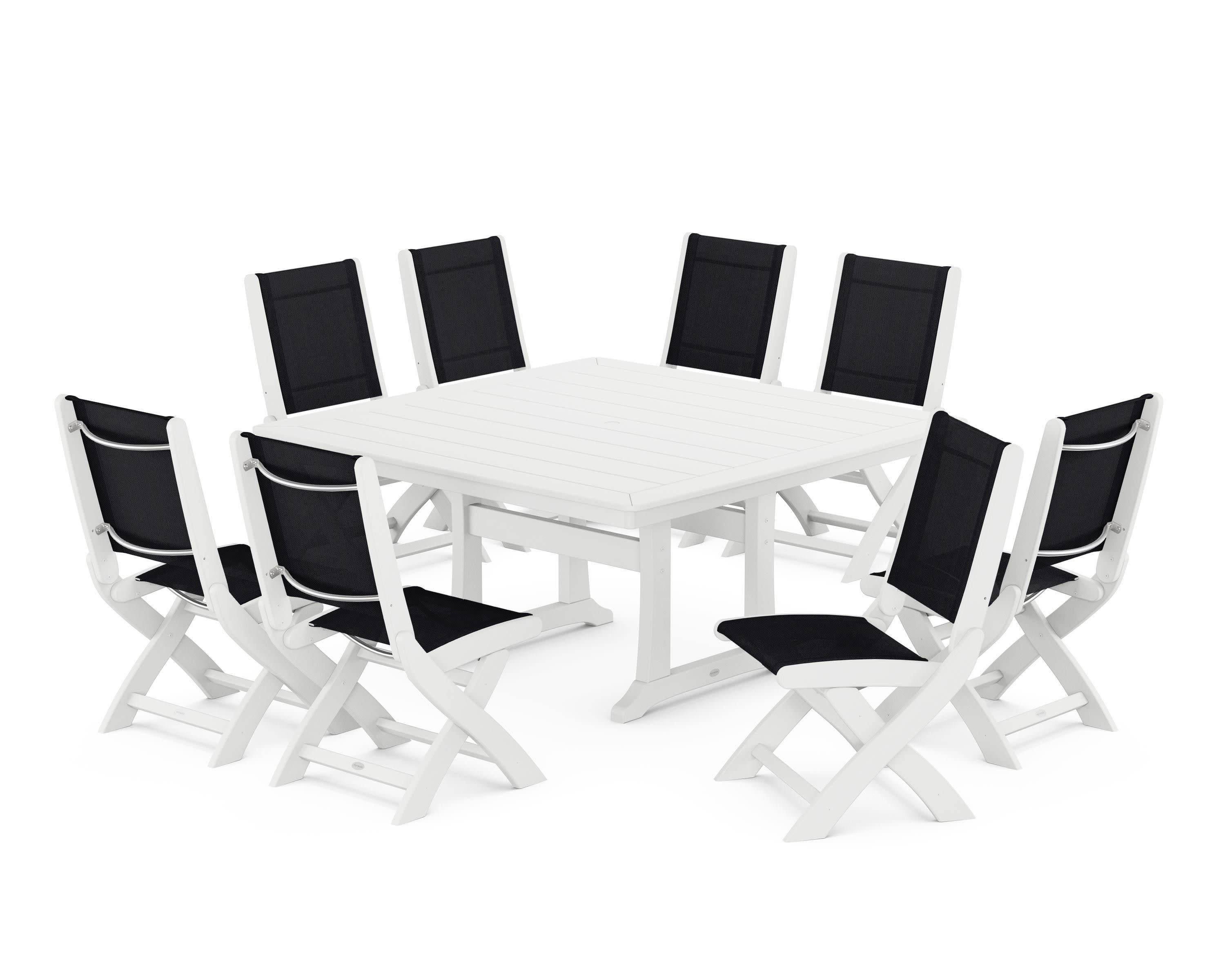 Coastal Folding Side Chair 9-Piece Dining Set with Trestle Legs in White / Black Sling