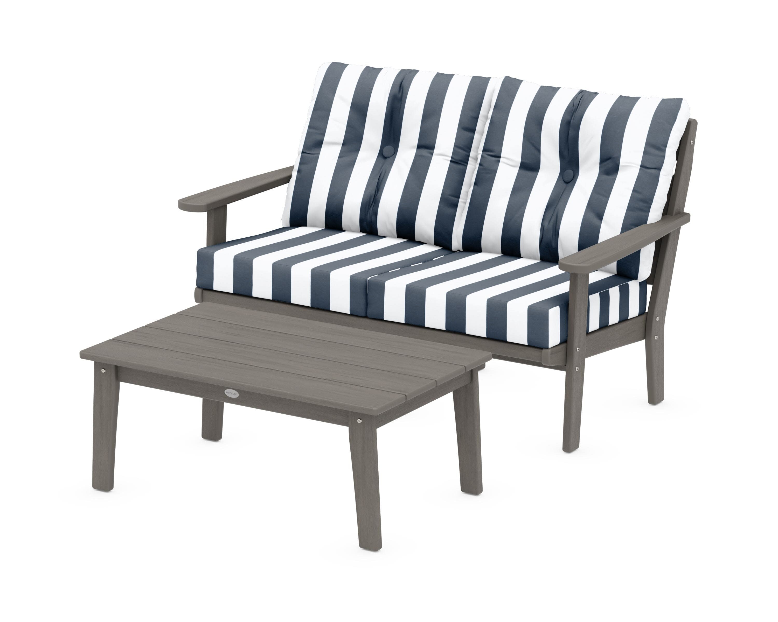 Lakeside 2-Piece Lounge Loveseat Set in Driftwood / Cabana Stripe Marine Indigo