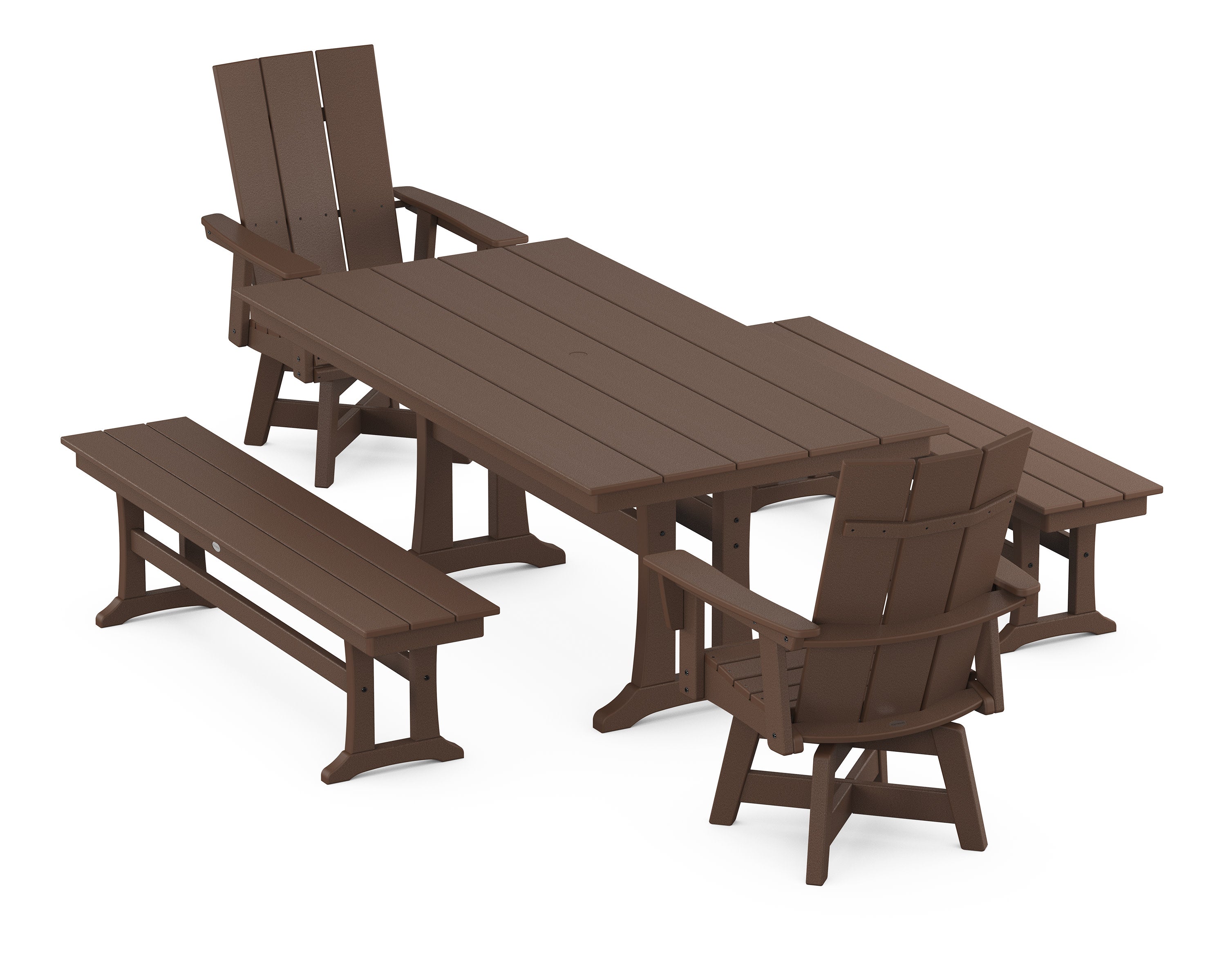 Modern Curveback Adirondack Swivel Chair 5-Piece Farmhouse Dining Set With Trestle Legs and Benches in Mahogany