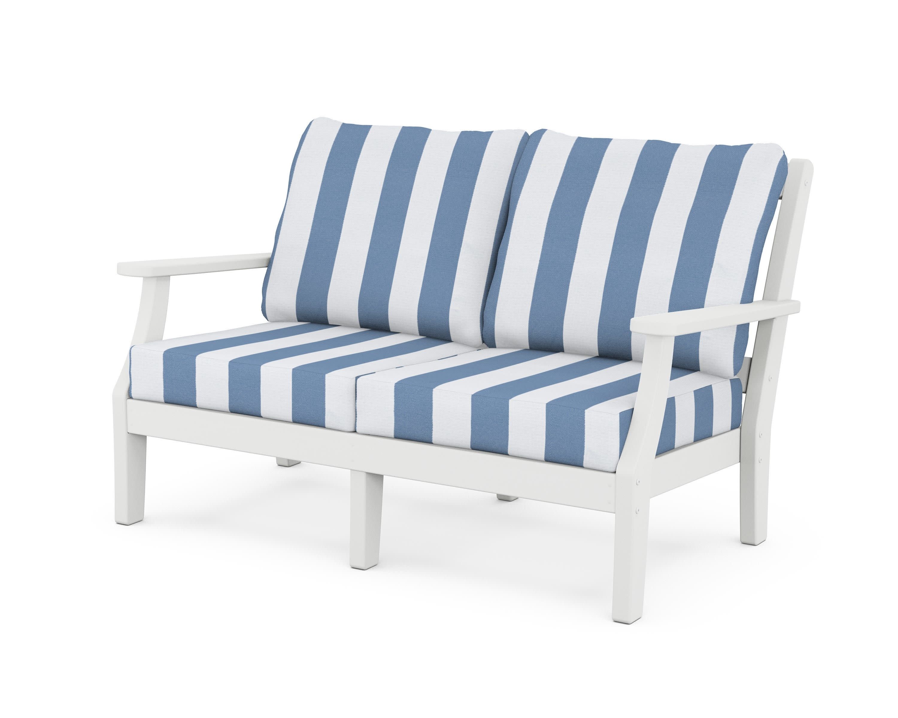 Chinoiserie Deep Seating Loveseat in White / Cabana Stripe Sky Blue
