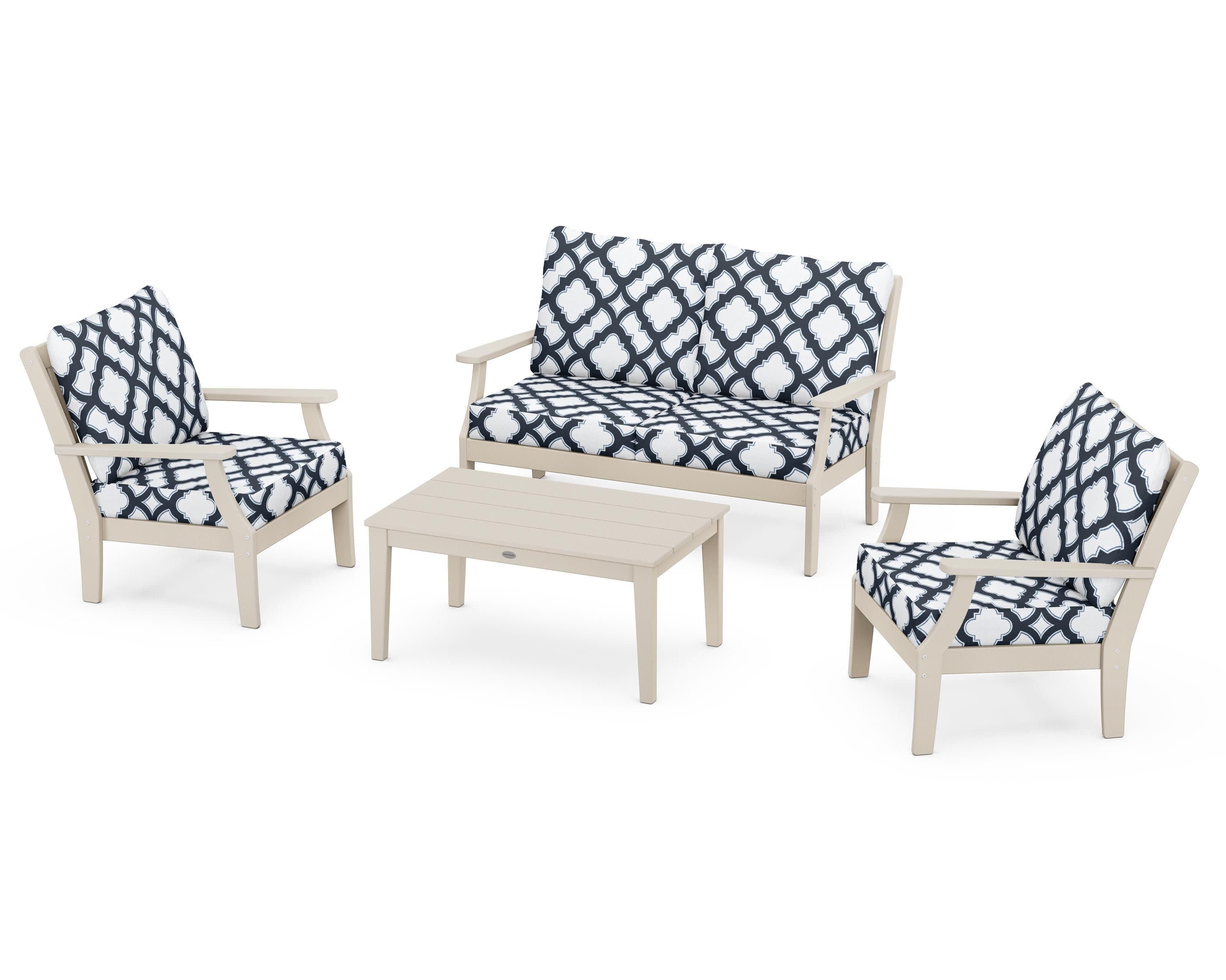 Braxton 4-Piece Deep Seating Chair Set in Sand / Trellis Marine Indigo