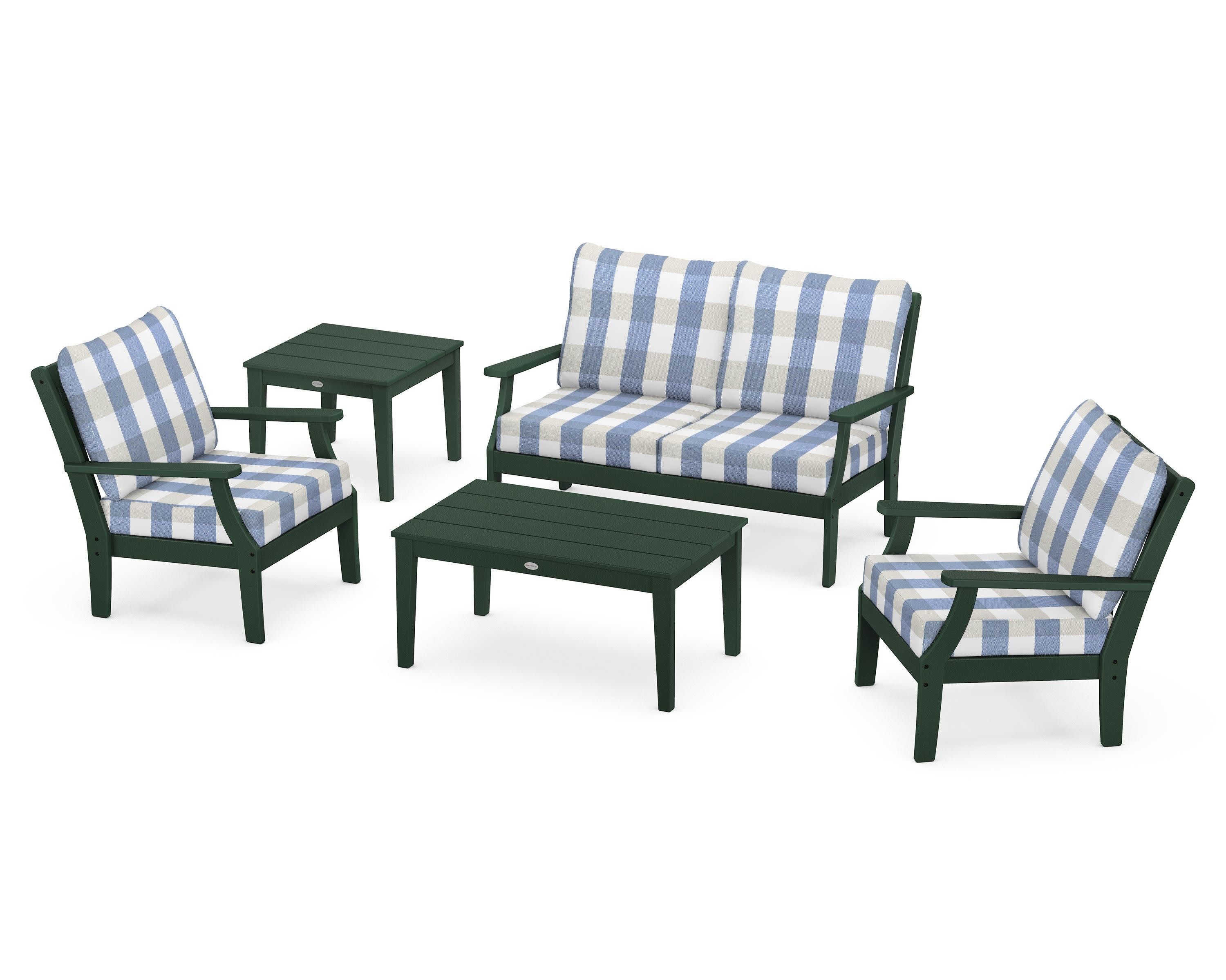 Braxton 5-Piece Deep Seating Set in Green / Buffalo Plaid Sky Blue