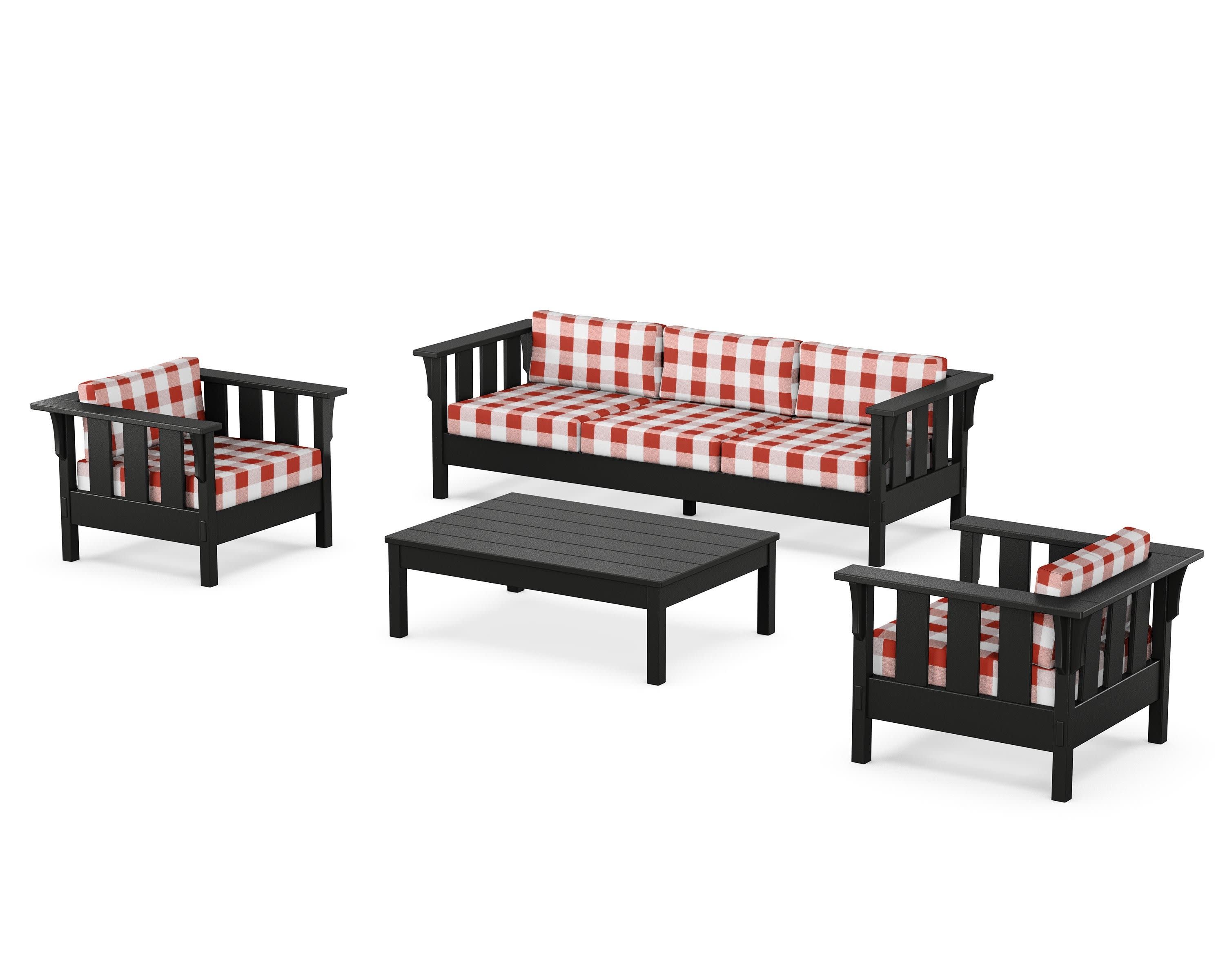 Acadia 4-Piece Deep Seating Set with Sofa in Black / Buffalo Plaid Crimson