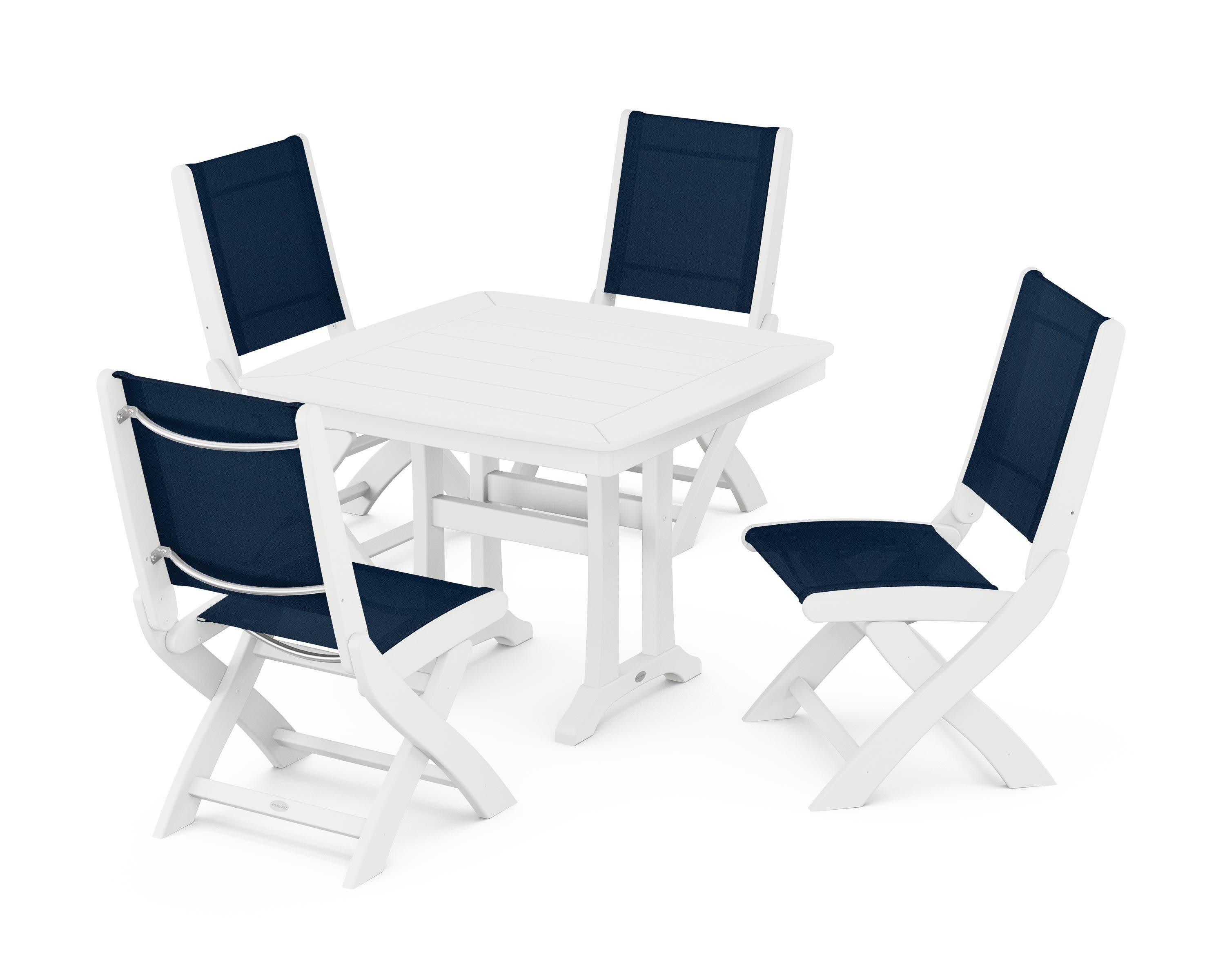 Coastal Folding Side Chair 5-Piece Dining Set with Trestle Legs in White / Navy Blue Sling